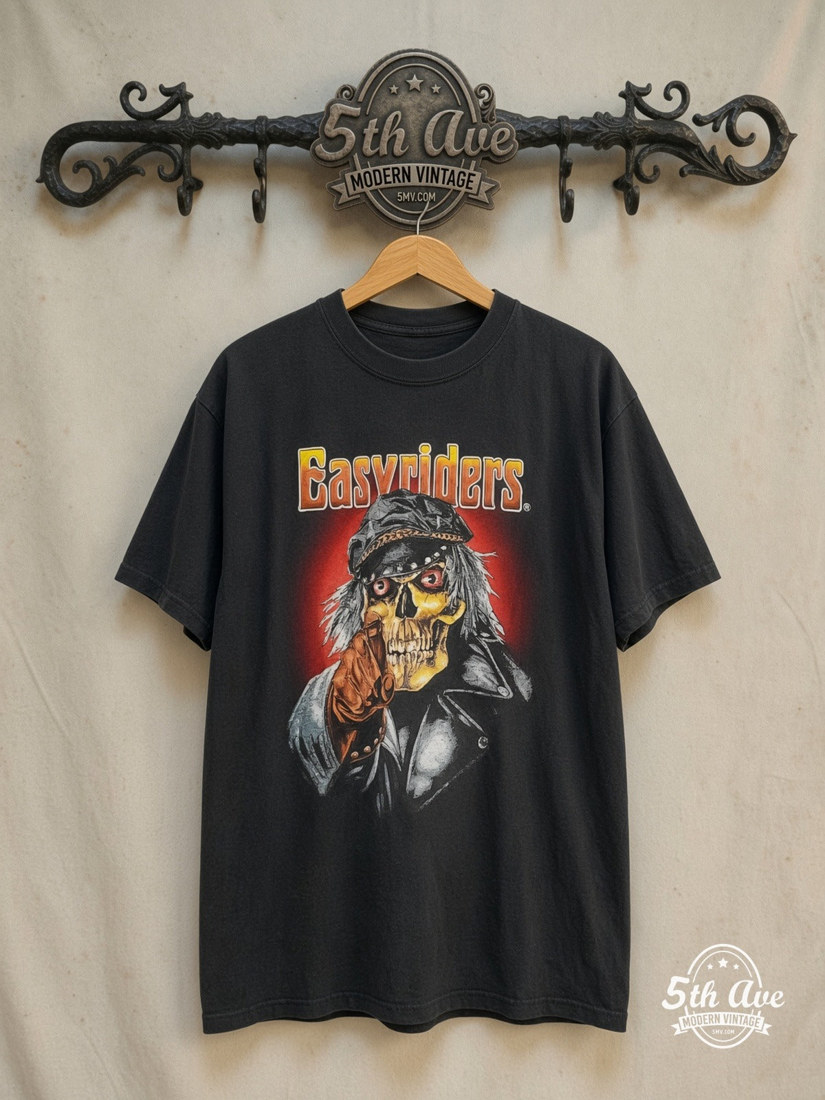 Easyriders x Harley-Davidson – Salina, KS – Vintage Graphic Tee — front on locked cream ornate 5th Ave rack
