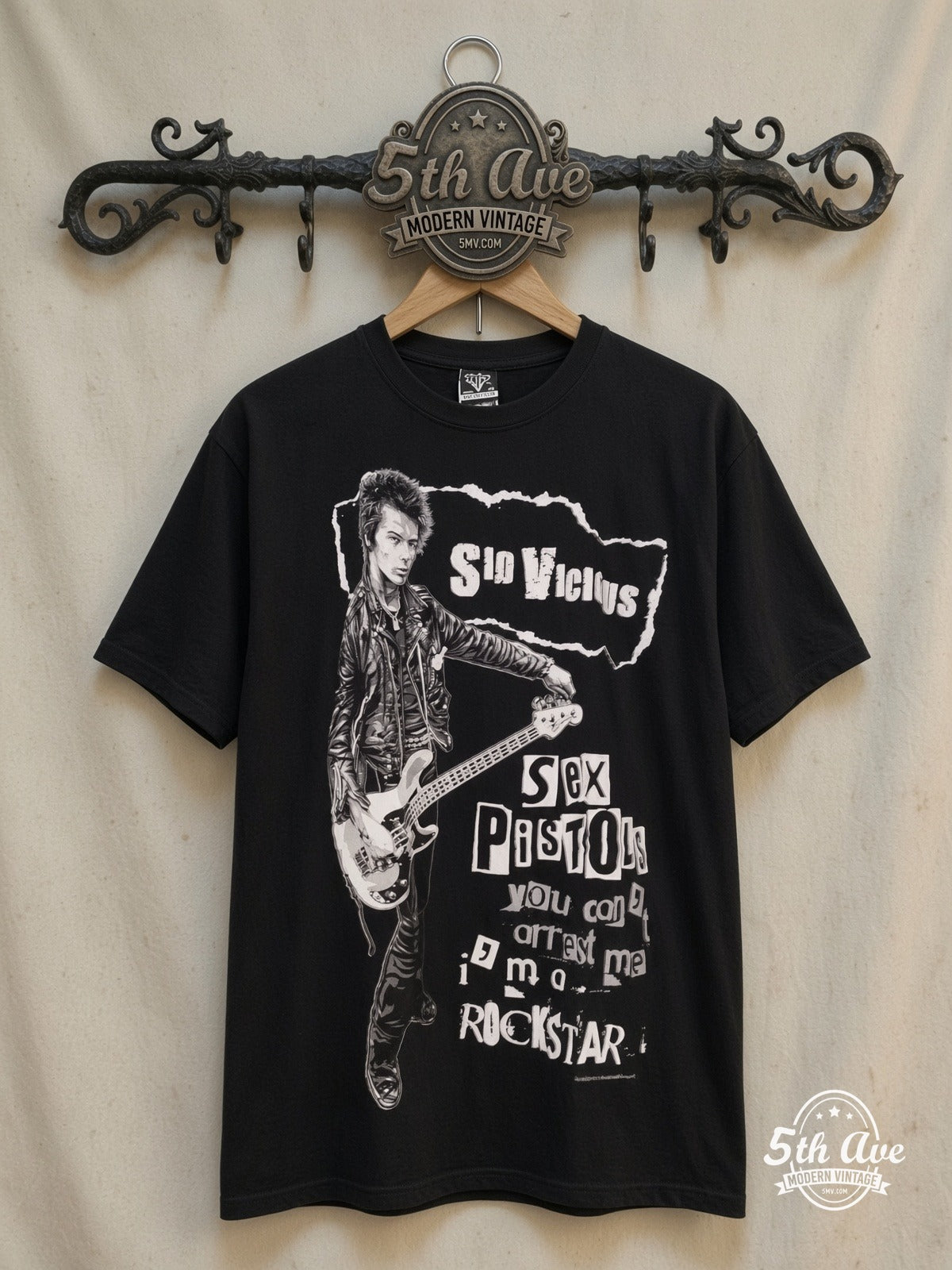 Sex Pistols – Anarchy in the UK – Vintage Band T-Shirt — front on locked cream ornate 5th Ave rack