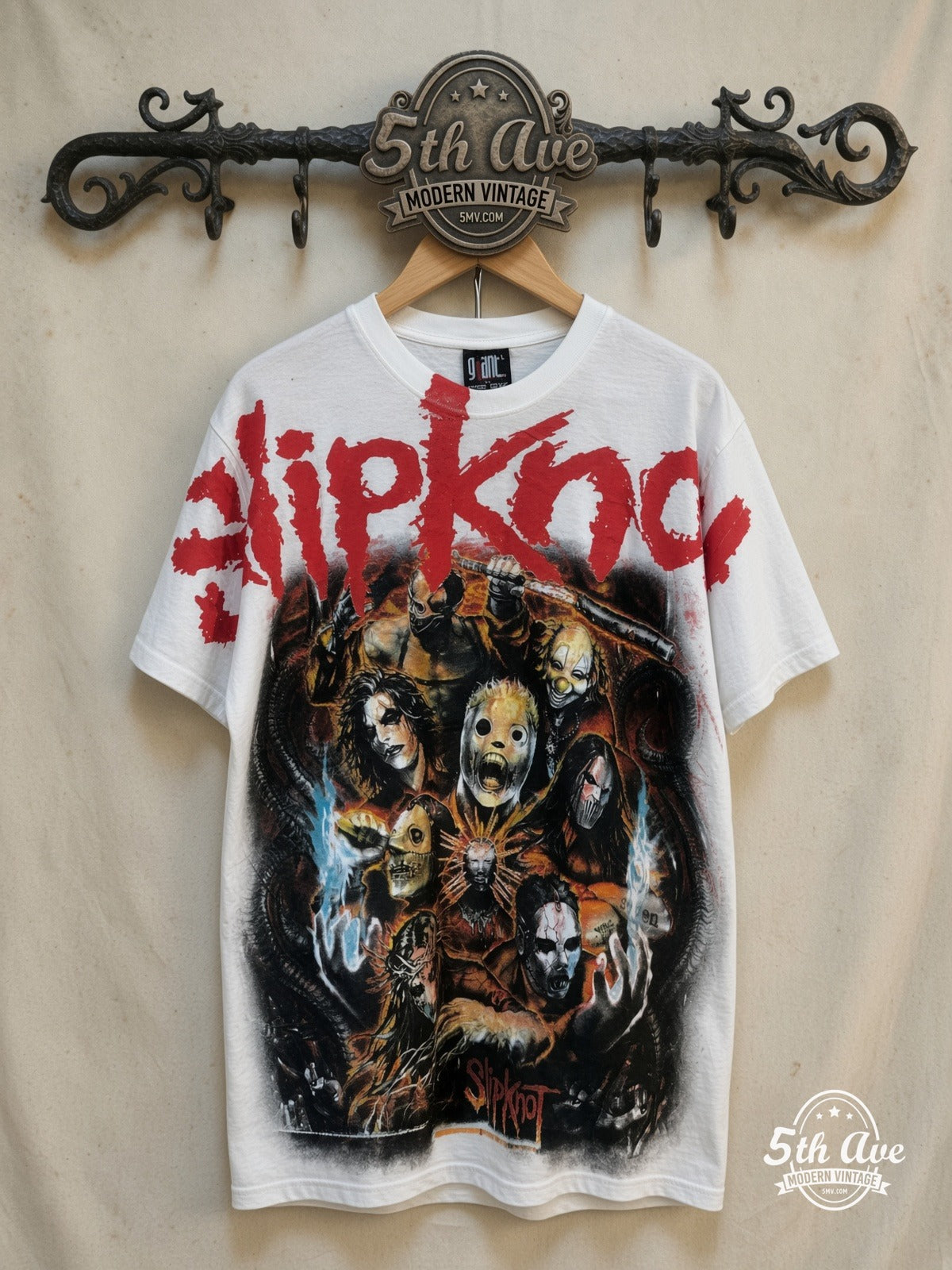 Slipknot – Slipknot – All Over Print – Vintage Band T-Shirt — front on locked cream ornate 5th Ave rack