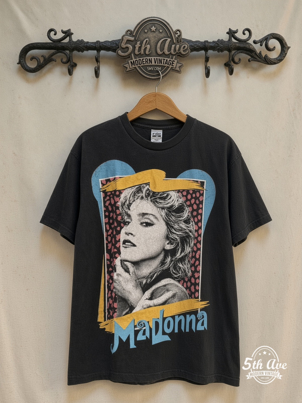 Madonna – Leopard Frame Portrait – Vintage Band T-Shirt — front on locked cream ornate 5th Ave rack