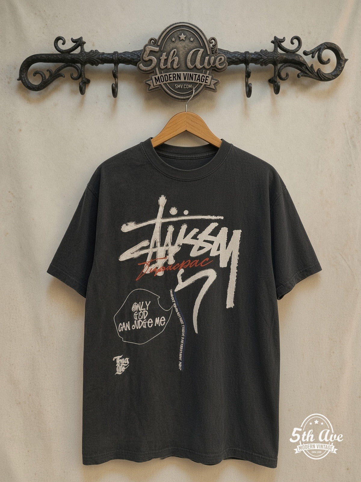Tupac × Stüssy – Only God Can Judge Me – Vintage Band T-Shirt — front on locked cream ornate 5th Ave rack