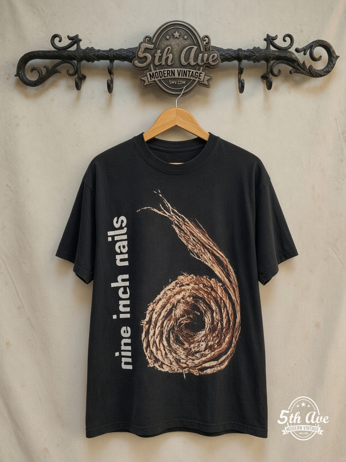 Nine Inch Nails – Further Down the Spiral Black Coiled Rope – Vintage Band T-Shirt — front on locked cream ornate 5th Ave rack