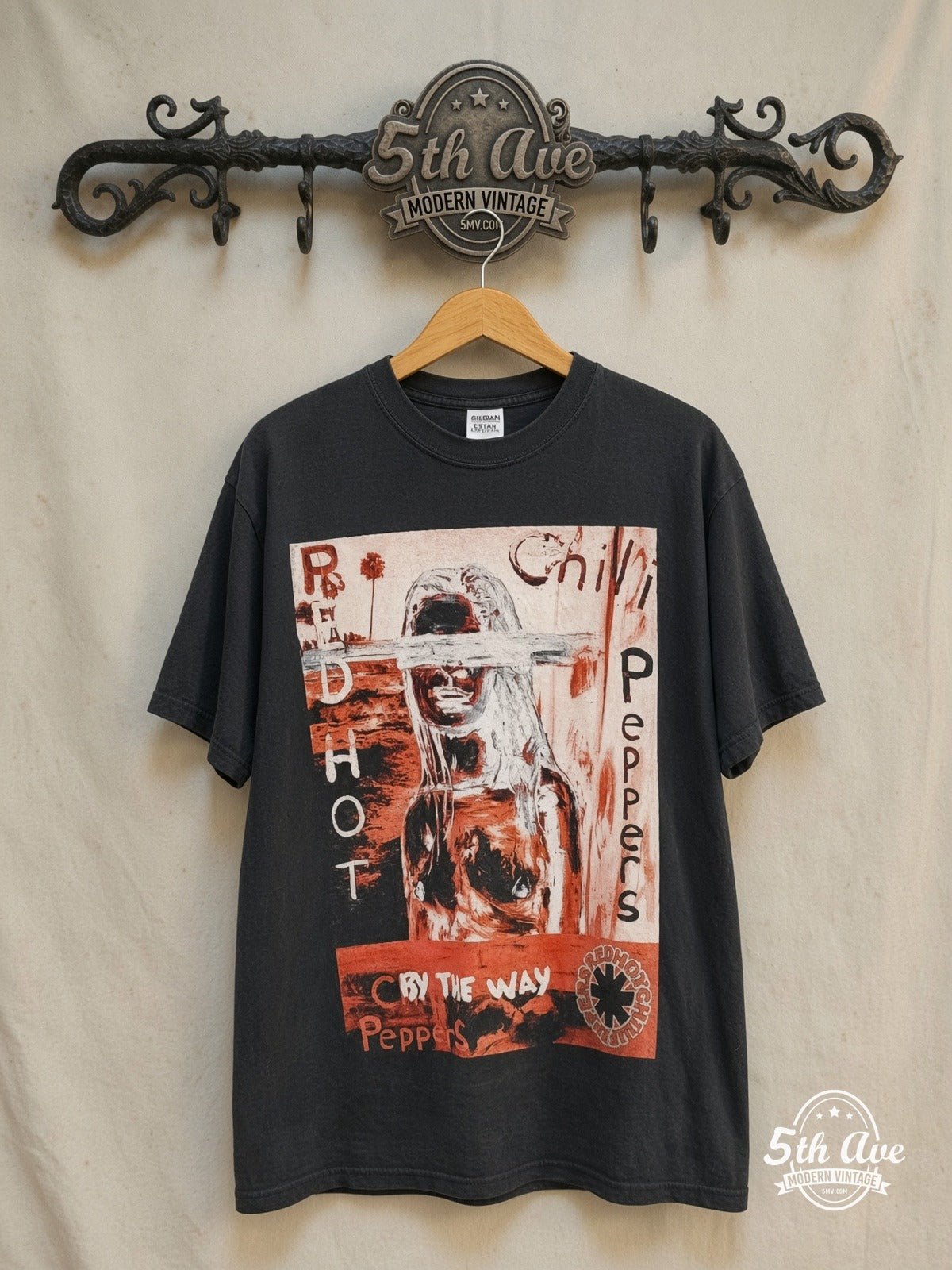 Red Hot Chili Peppers – By the Way Red Portrait Asterisk Back – Vintage Band T-Shirt — front on locked cream ornate 5th Ave rack