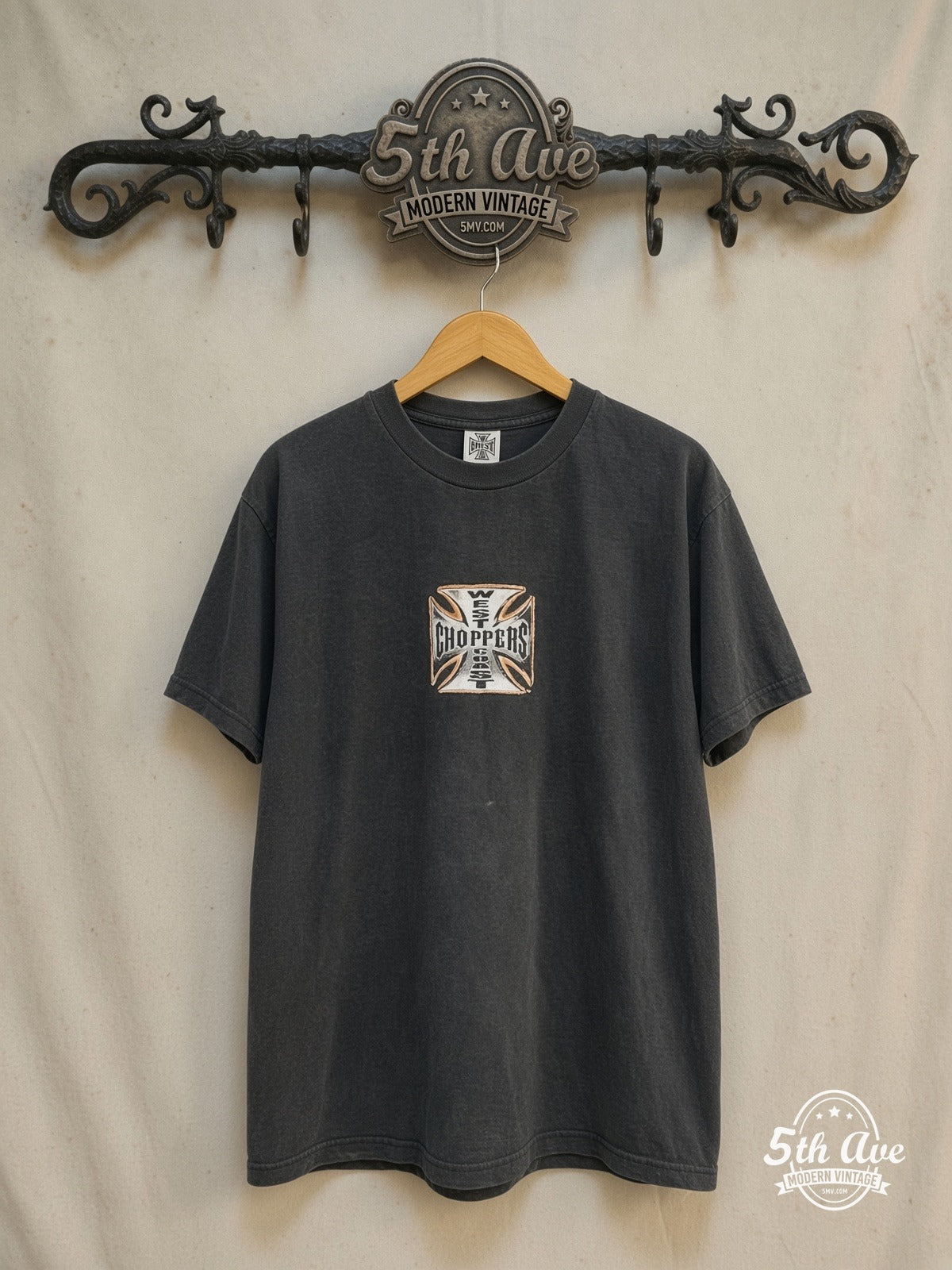 West Coast Choppers – Long Beach Orange Chopper Iron Cross – Vintage Graphic Tee — front on locked cream ornate 5th Ave rack
