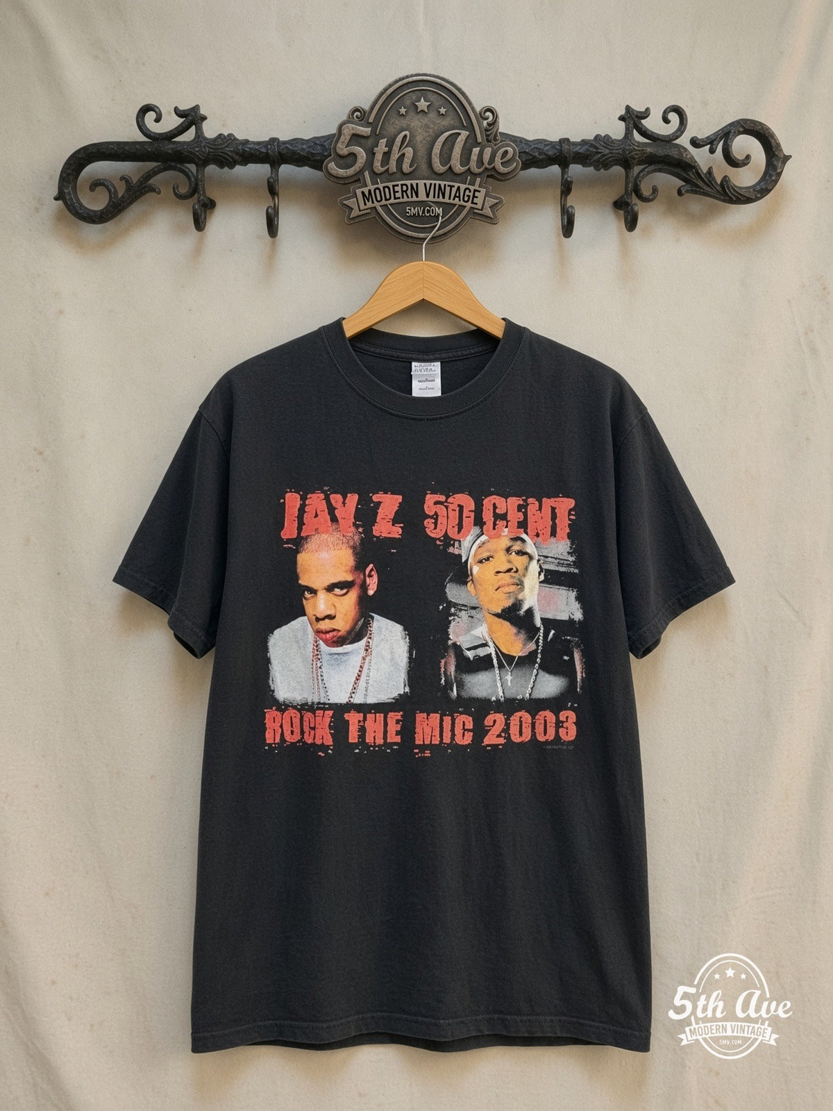 Jay-Z and 50 Cent – Jay-Z 50 Cent "Rock The Mic 2003" – Vintage Band T-Shirt front on locked cream ornate 5th Ave rack