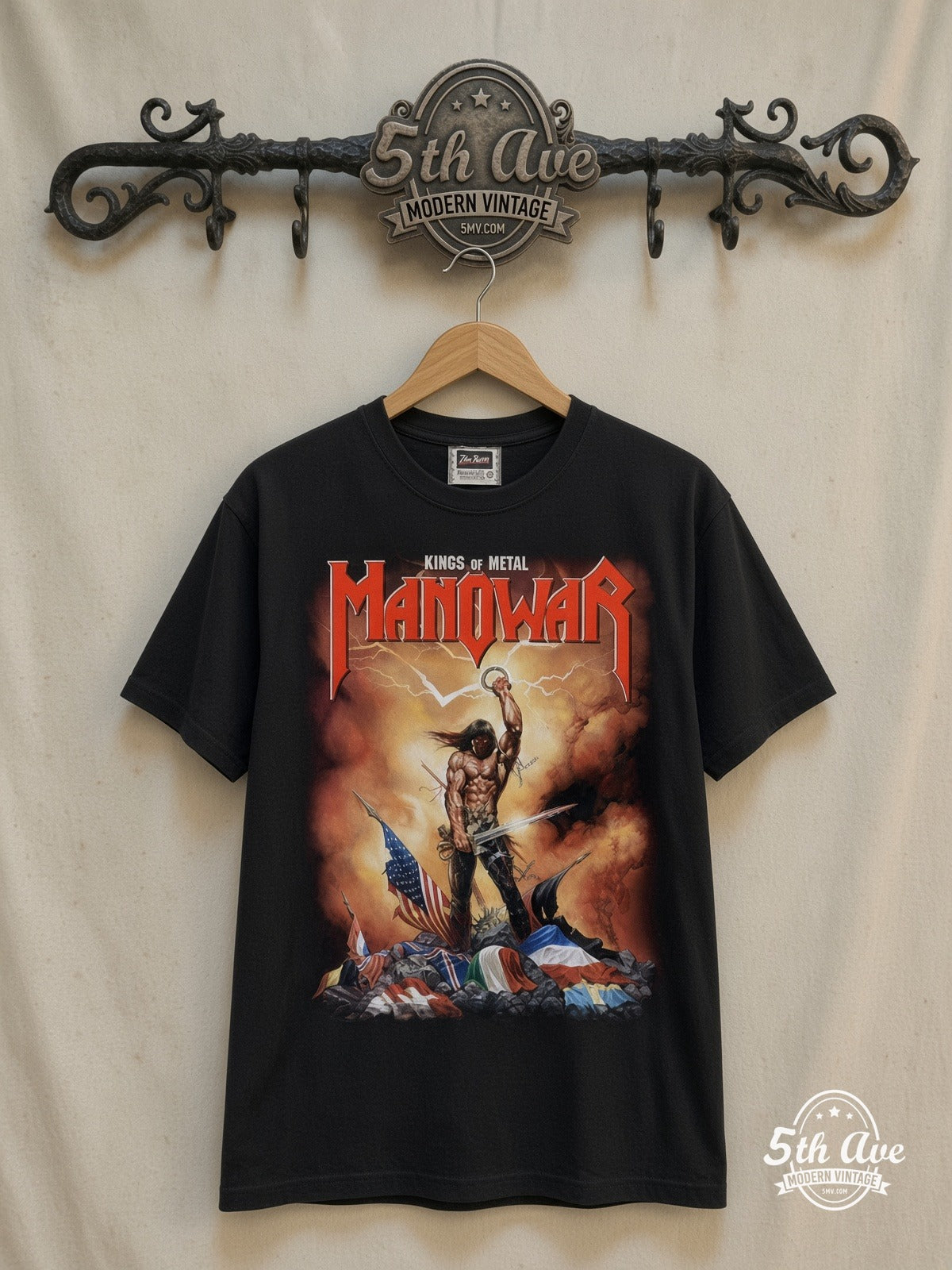 Manowar – Kings of Metal – Vintage Band T-Shirt — front on locked cream ornate 5th Ave rack