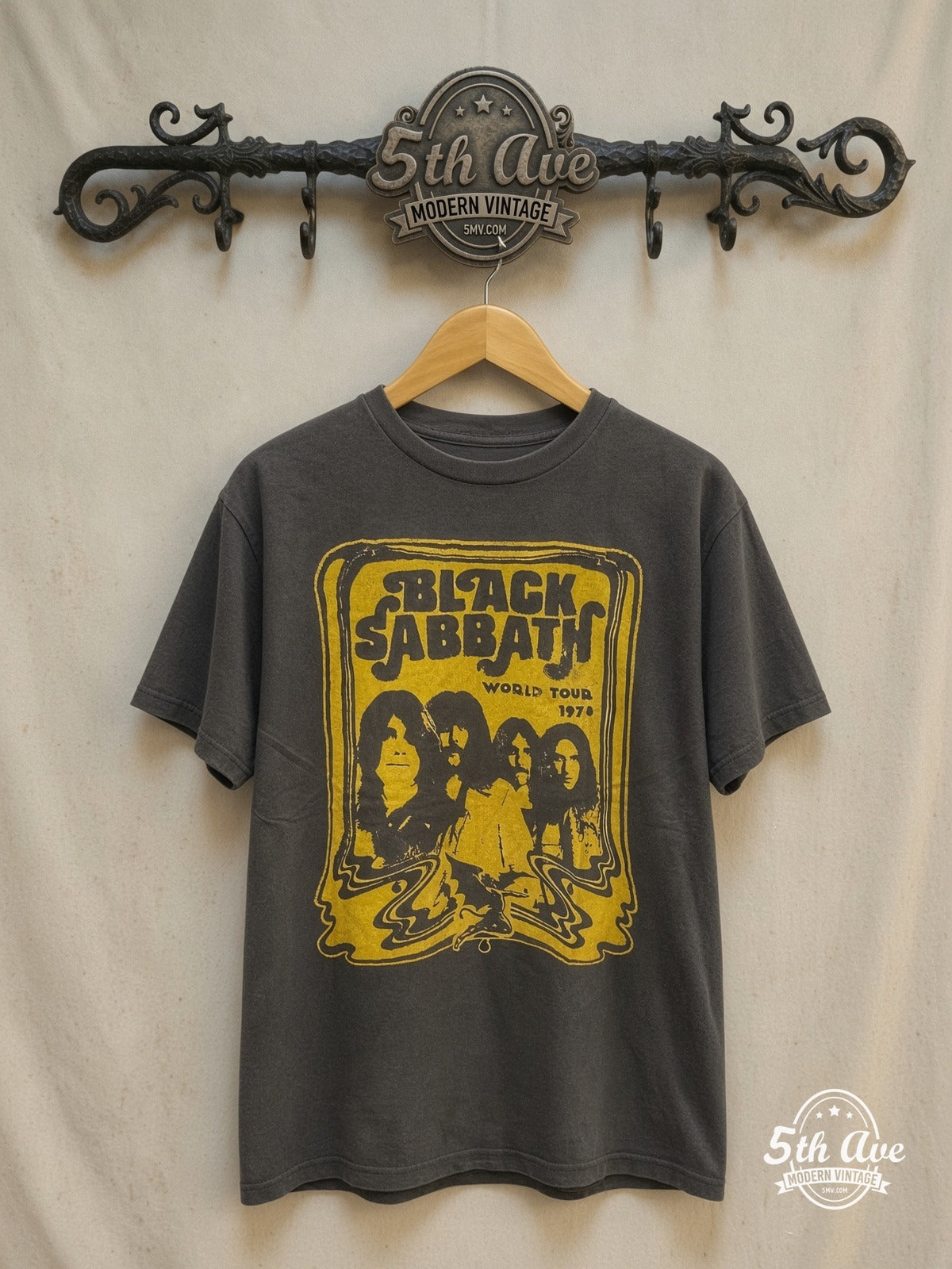 Black Sabbath – World Tour 1978 Yellow Group Portrait – Vintage Band T-Shirt — front on locked cream ornate 5th Ave rack