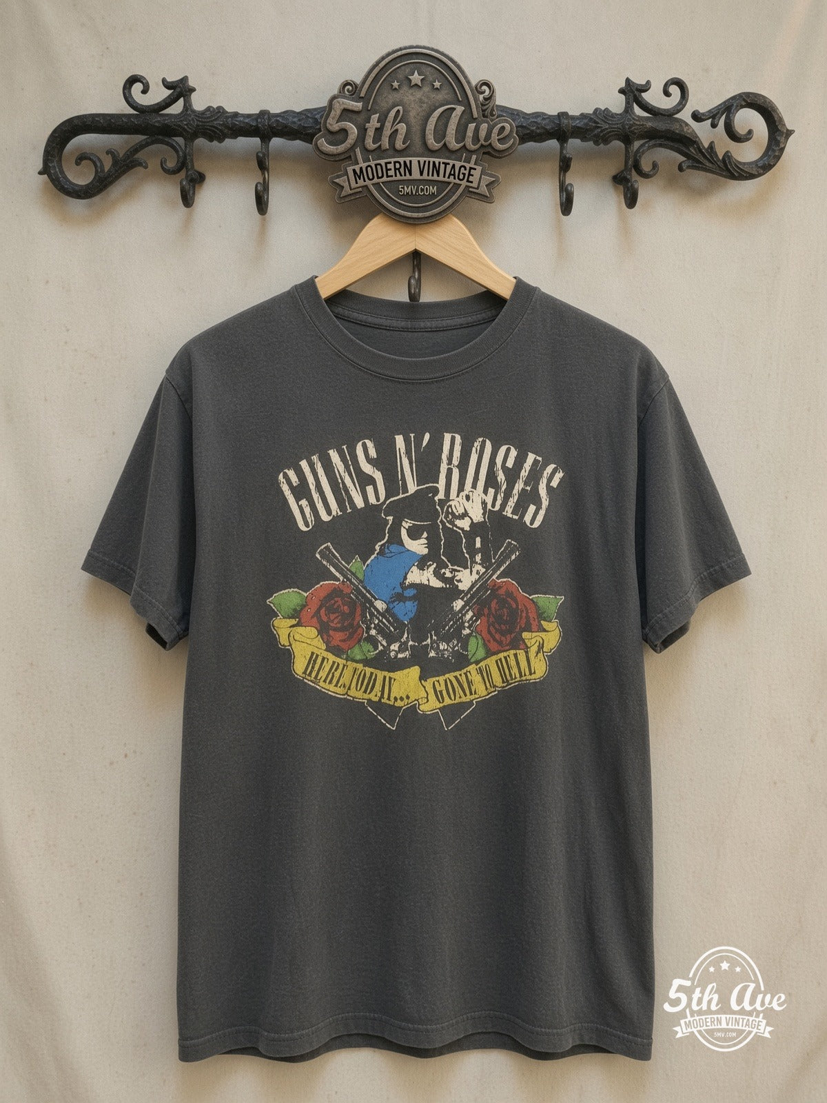 Guns N Roses 100% Cotton Vintage Inspired T-Shirt – Vintage Band T-Shirt — front on locked cream ornate 5th Ave rack