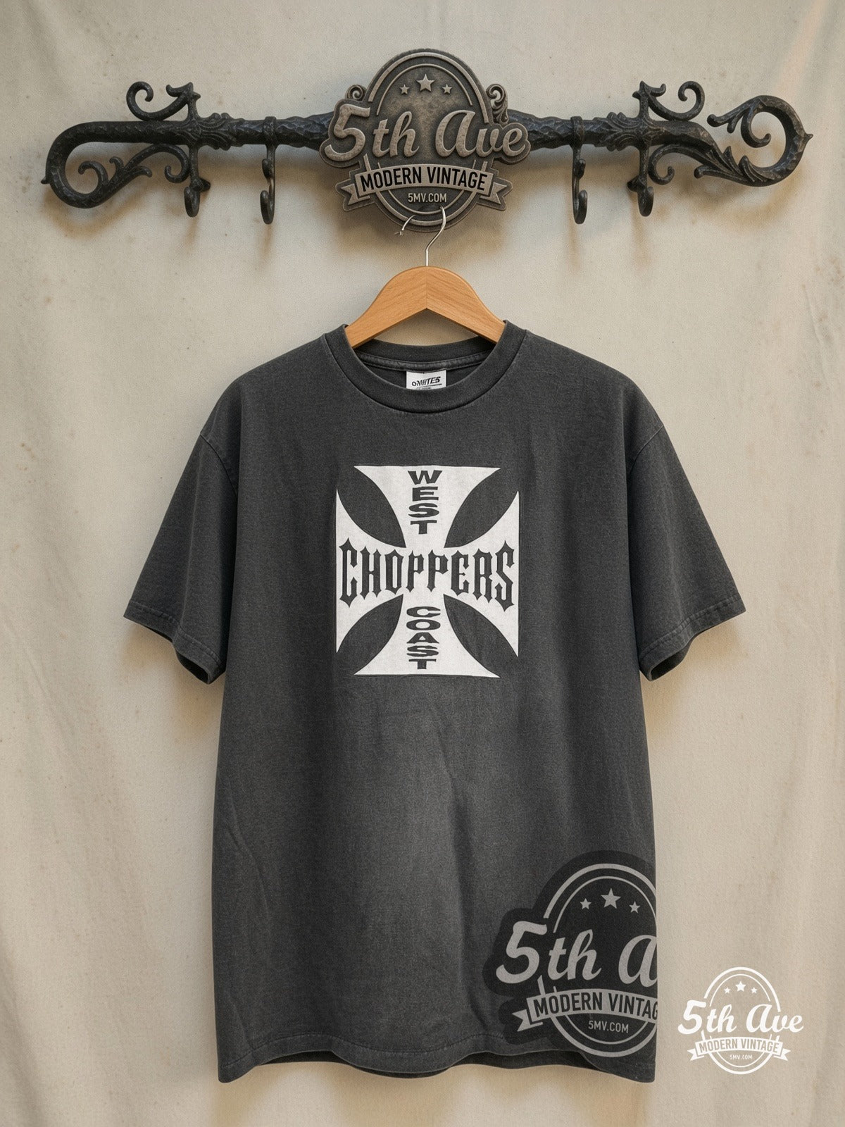 West Coast Choppers – Long Beach White Cross – Vintage Graphic Tee — front on locked cream ornate 5th Ave rack