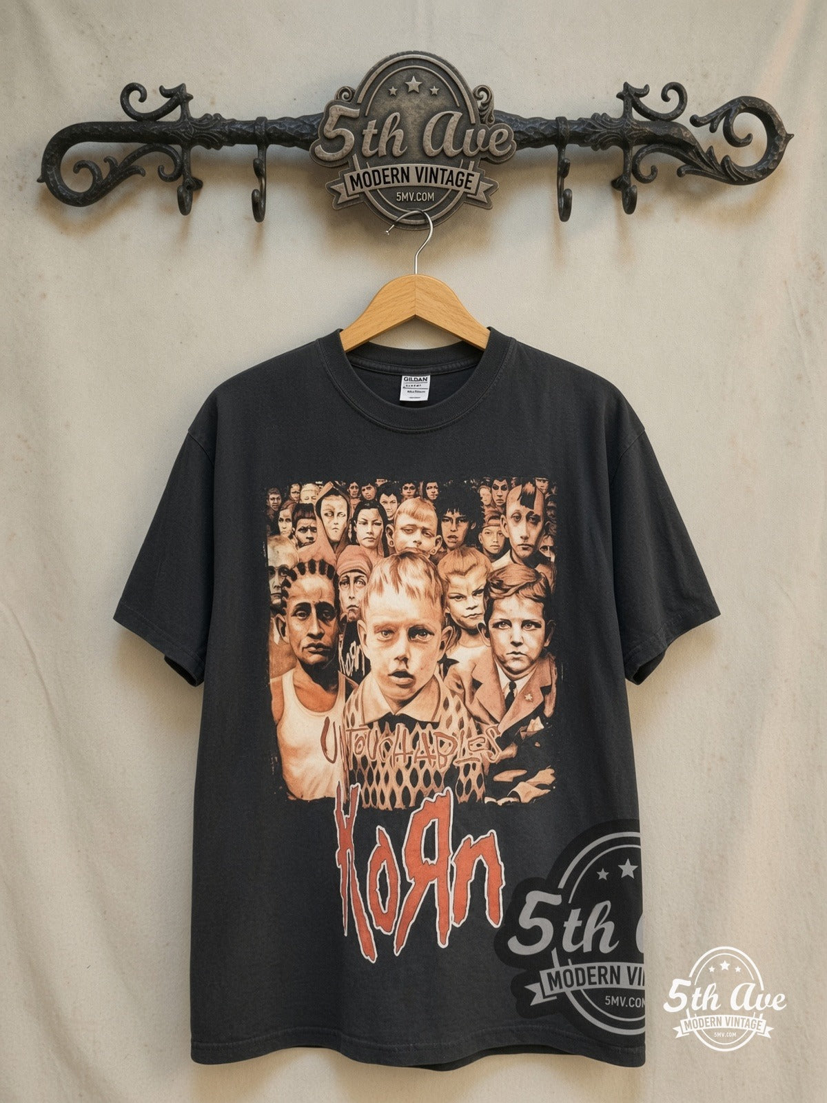 Korn – Untouchables – Vintage Band T-Shirt — front on locked cream ornate 5th Ave rack