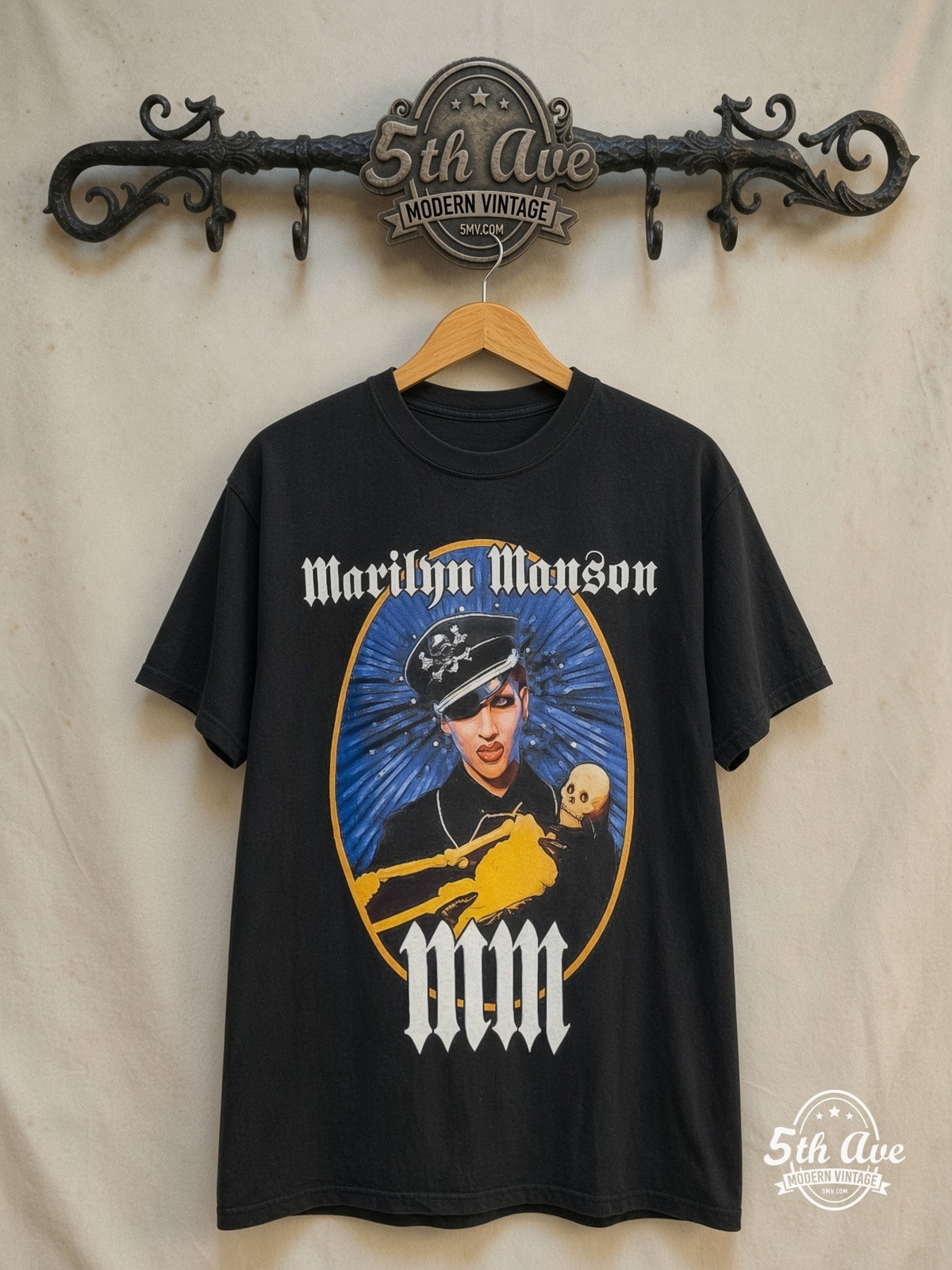 Marilyn Manson – Against All Gods American Tour 2004 – Vintage Band T-Shirt — front on locked cream ornate 5th Ave rack
