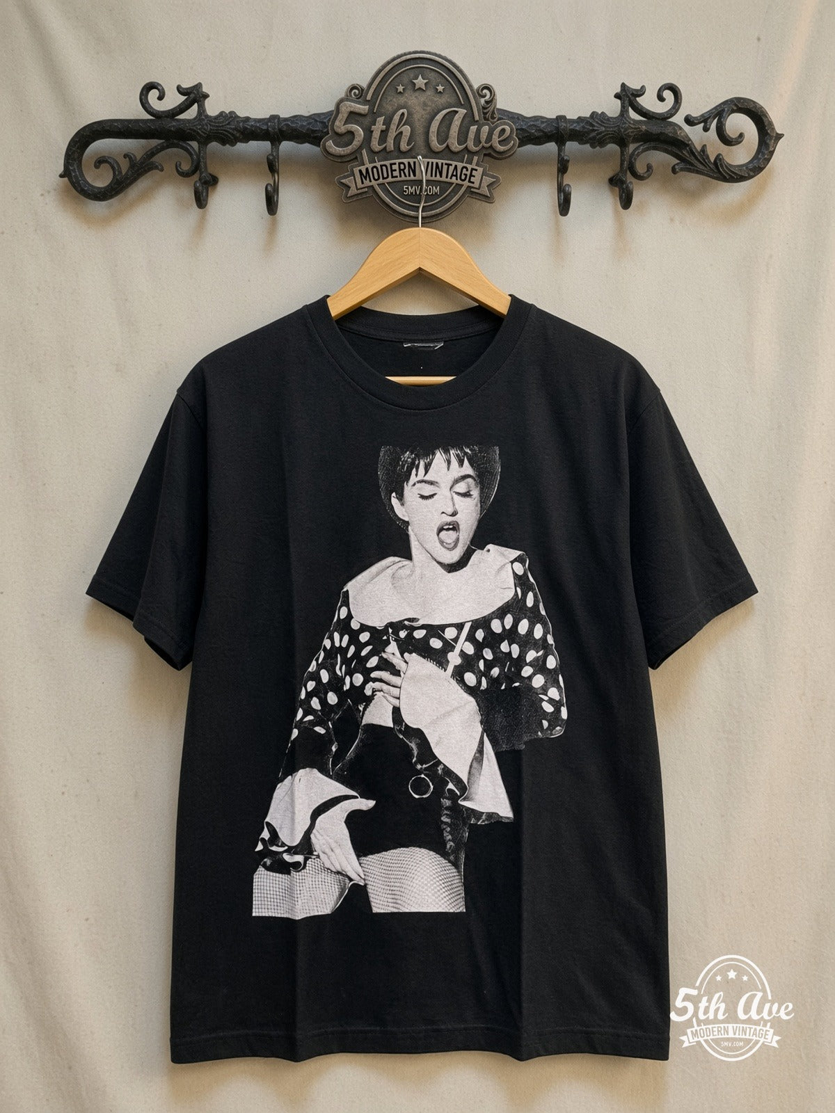 Madonna – Polka Dot Jacket Fishnets Portrait – Vintage Band T-Shirt — front on locked cream ornate 5th Ave rack
