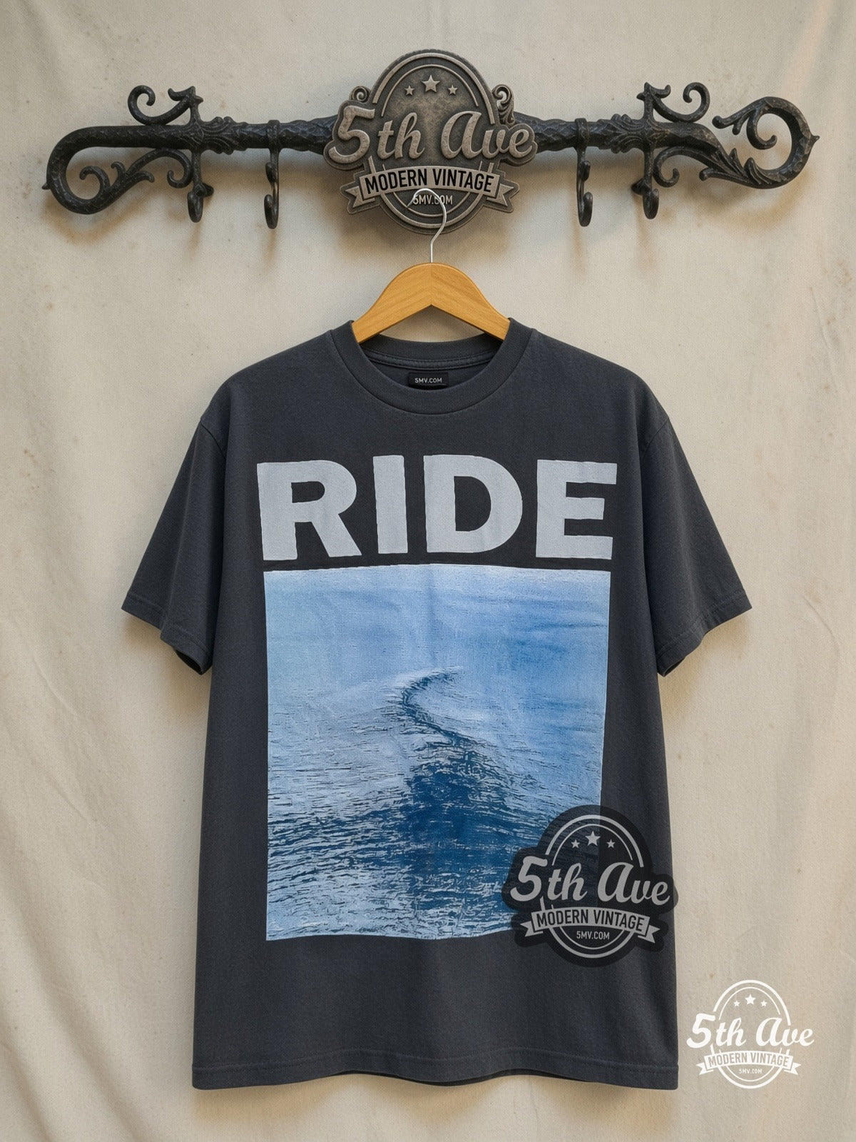 Ride – Nowhere – Vintage Band T-Shirt — front on locked cream ornate 5th Ave rack