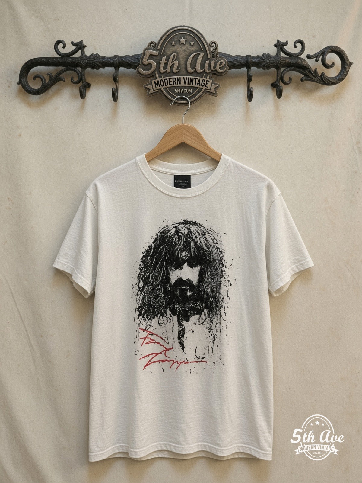 Frank Zappa – Portrait Sketch Red Signature – Vintage Band T-Shirt — front on locked cream ornate 5th Ave rack