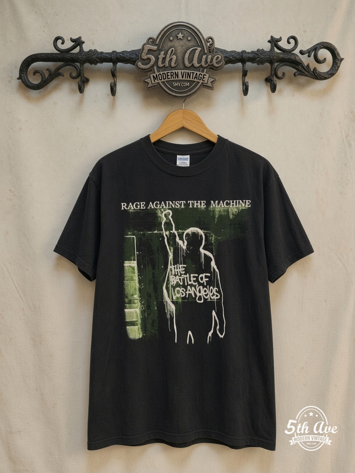 Rage Against the Machine – The Battle of Los Angeles Green Light Band Photo – Vintage Band T-Shirt — front on locked cream ornate 5th Ave rack