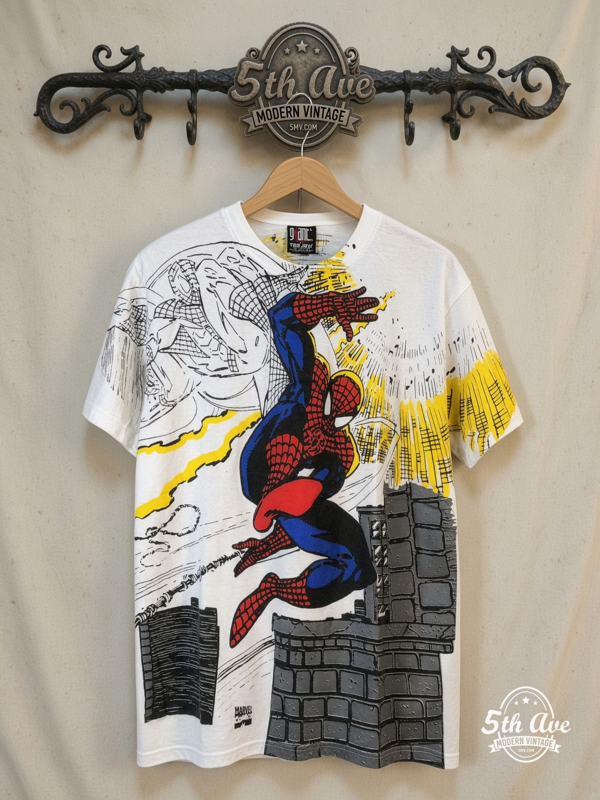 Marvel – Spider-Man – All Over Print – New Vintage Graphic Tee — front on locked cream ornate 5th Ave rack