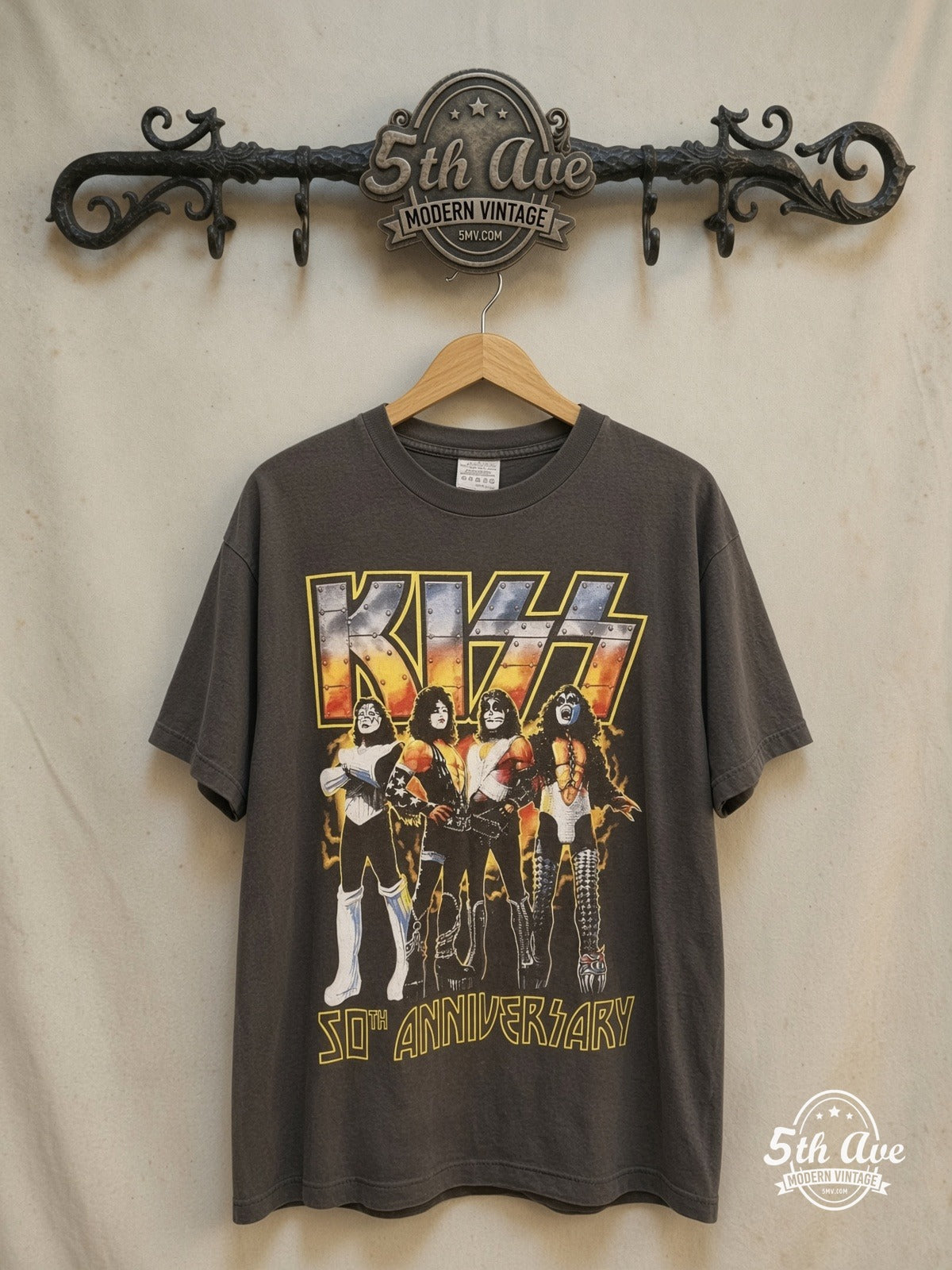 KISS – 50th Anniversary – Vintage Band T-Shirt — front on locked cream ornate 5th Ave rack