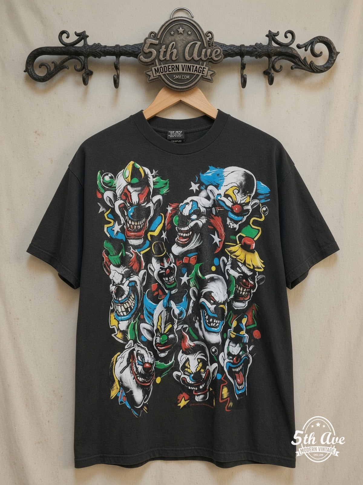 Laughing Clown – Retro Clown – Vintage Graphic Tee — front on locked cream ornate 5th Ave rack