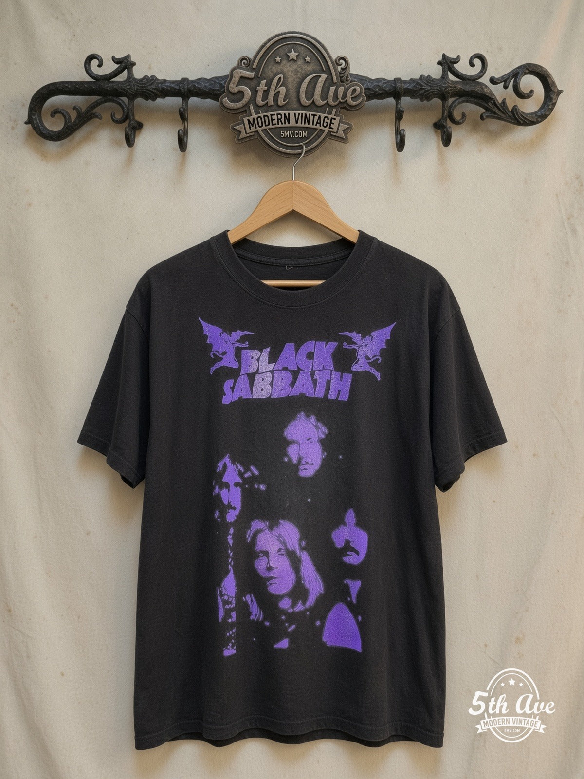 Black Sabbath – Angelic Legends in Purple Haze – Vintage Band T-Shirt — front on locked cream ornate 5th Ave rack