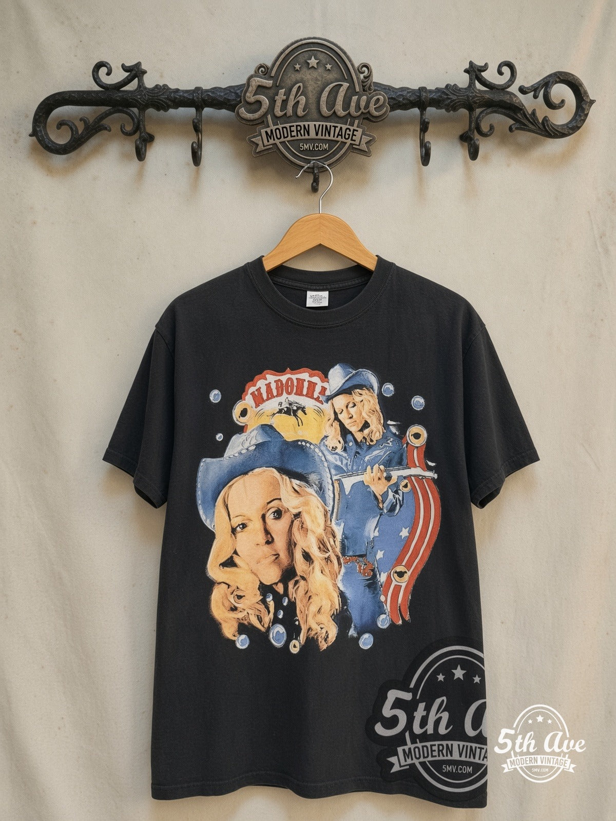 Madonna – Music Album Cowboy Era – Vintage Band T-Shirt — front on locked cream ornate 5th Ave rack