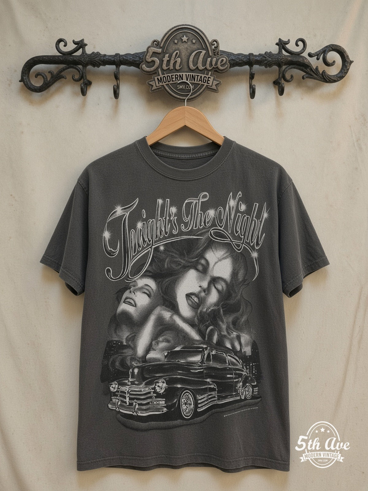 Tonight's the Night - Rollin hard lowrider low rider car culture t shi – rt – Vintage Band T-Shirt — front on locked cream ornate 5th Ave rack