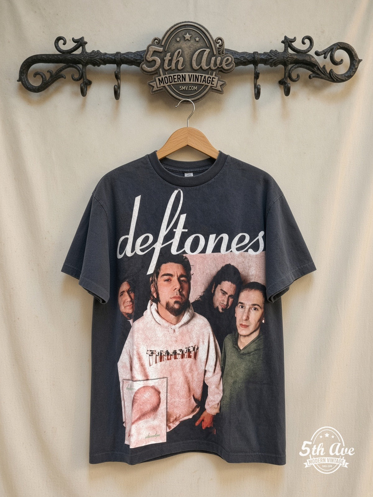 Deftones – UK Adrenaline – Vintage Band T-Shirt — front on locked cream ornate 5th Ave rack