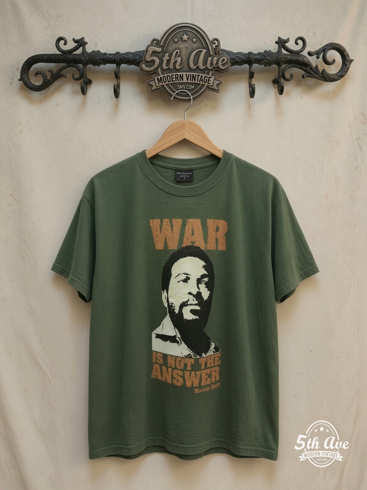 Marvin Gaye – Vintage Band T-Shirt — front on locked cream ornate 5th Ave rack