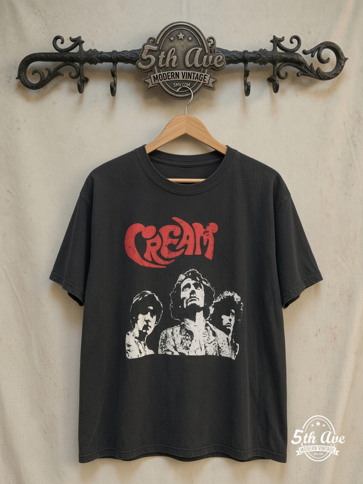 Cream – Captain Boot – Vintage Band T-Shirt — front on locked cream ornate 5th Ave rack