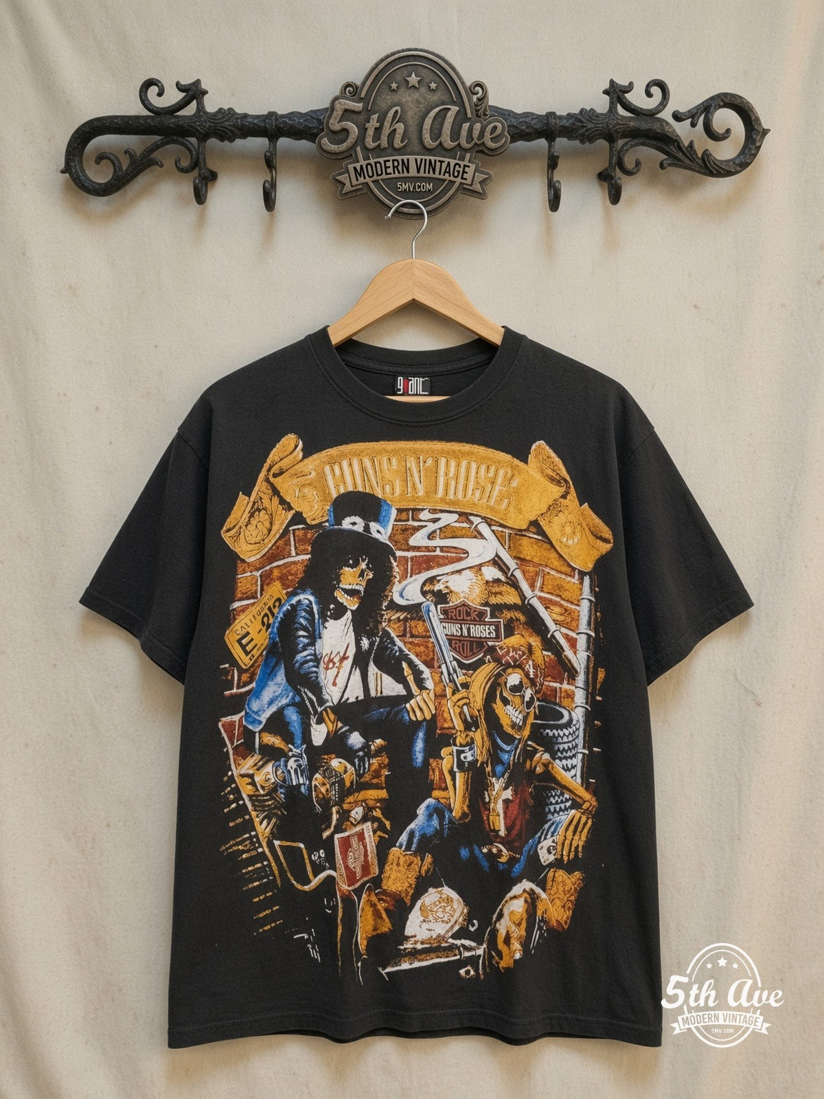 Guns N Roses T-Shirt Retro Rock Band Graphic Style — front on locked cream ornate 5th Ave rack