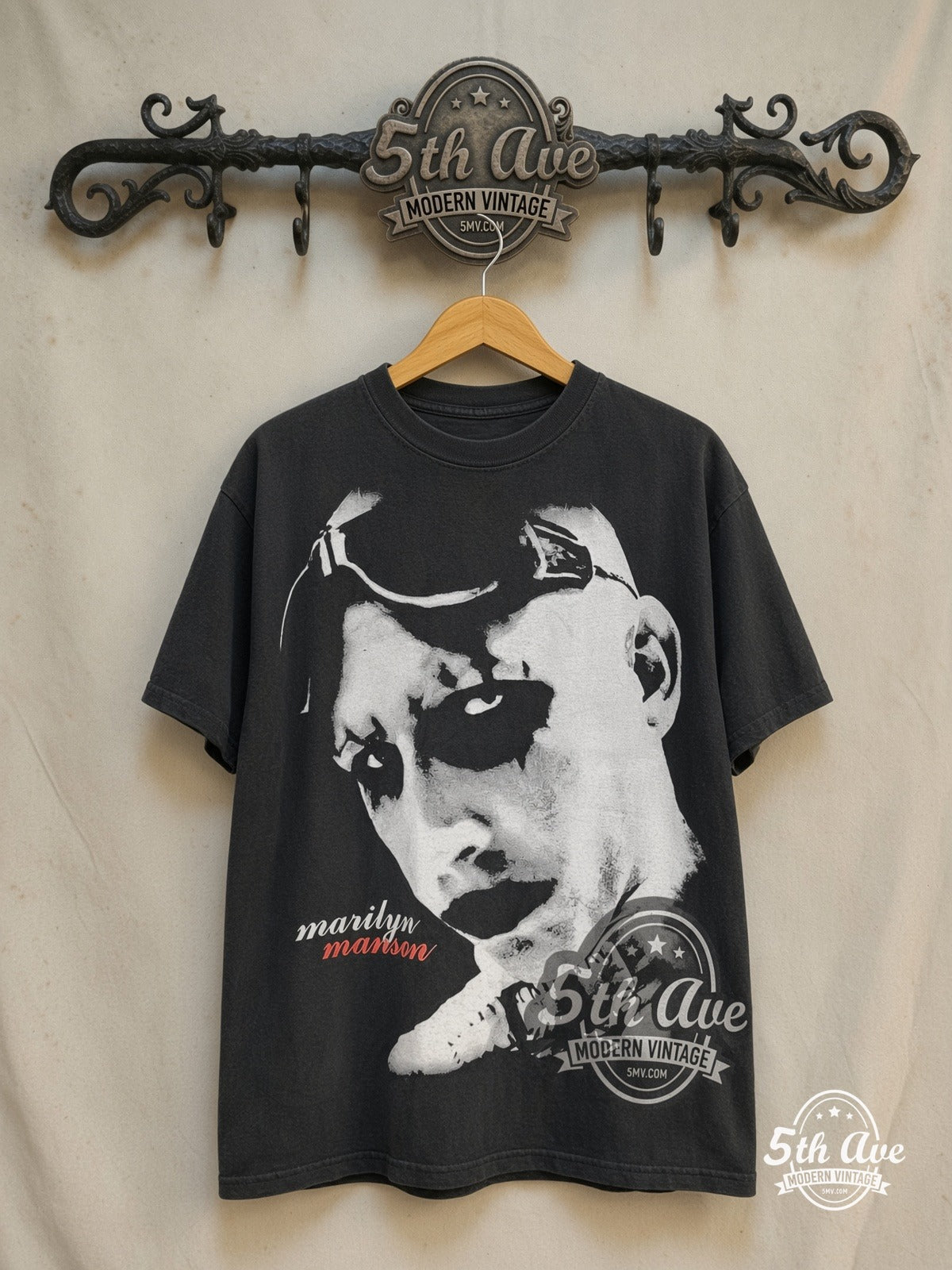 Marilyn Manson – The Beautiful People – Vintage Band T-Shirt — front on locked cream ornate 5th Ave rack