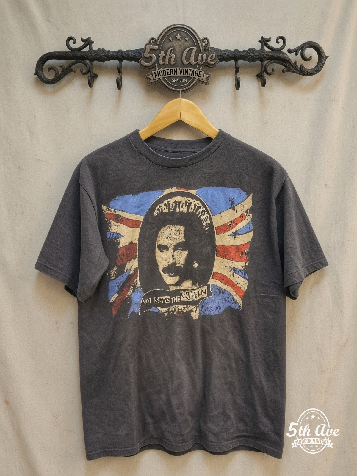 Queen – Not Save The Queen Punk Parody – Vintage Band T-Shirt — front on locked cream ornate 5th Ave rack