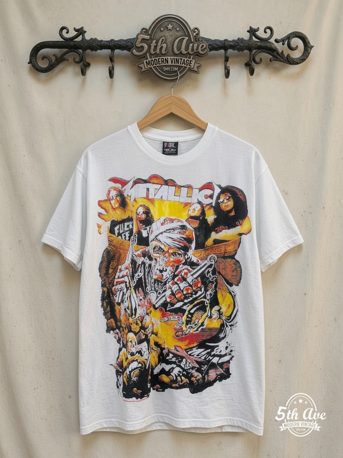 Metallica – Don't Tread on Me – All Over Print – Vintage Band T-Shirt — front on locked cream ornate 5th Ave rack