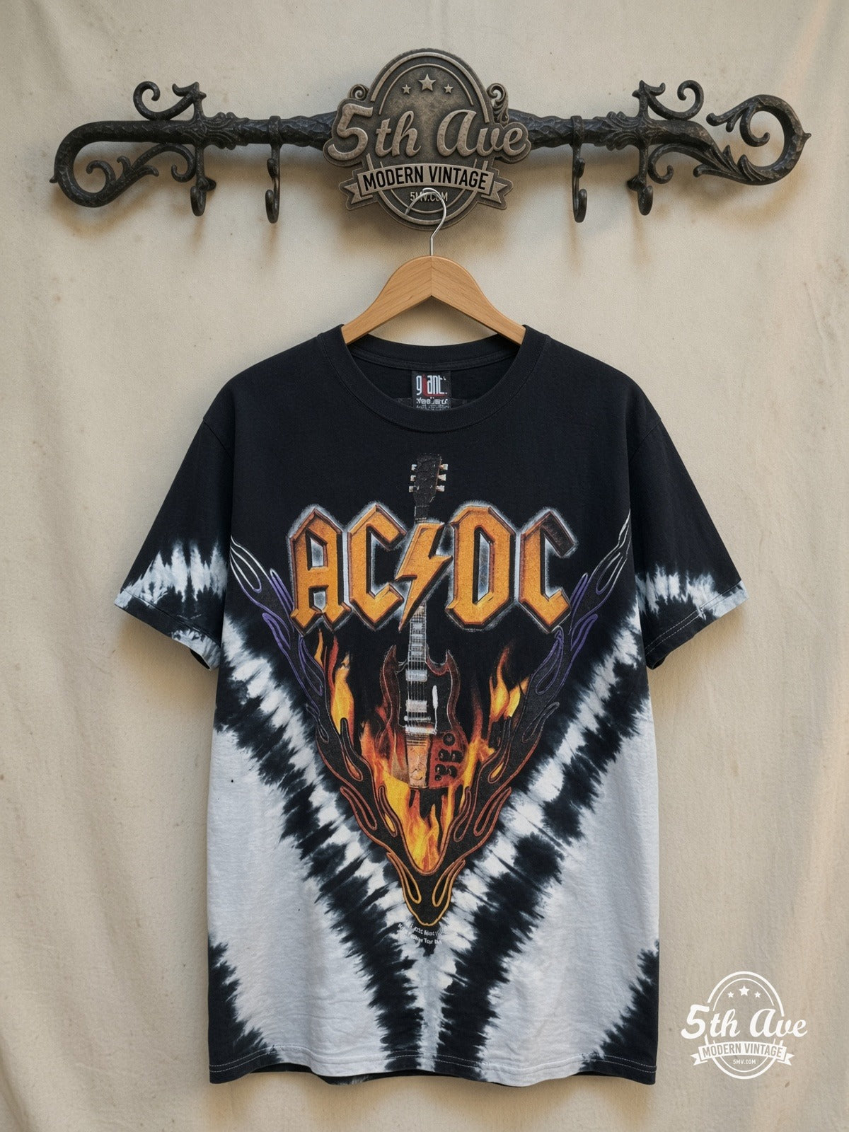AC/DC – Hells Bells Power Up Tour – All Over Print – Vintage Band T-Shirt — front on locked cream ornate 5th Ave rack