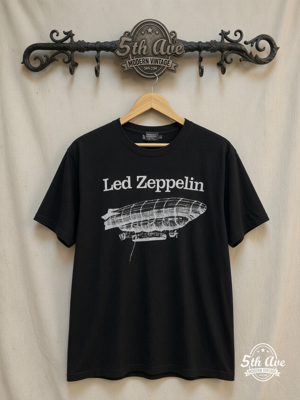 Led Zeppelin Airship vintage band t-shirt, front view on a display rack