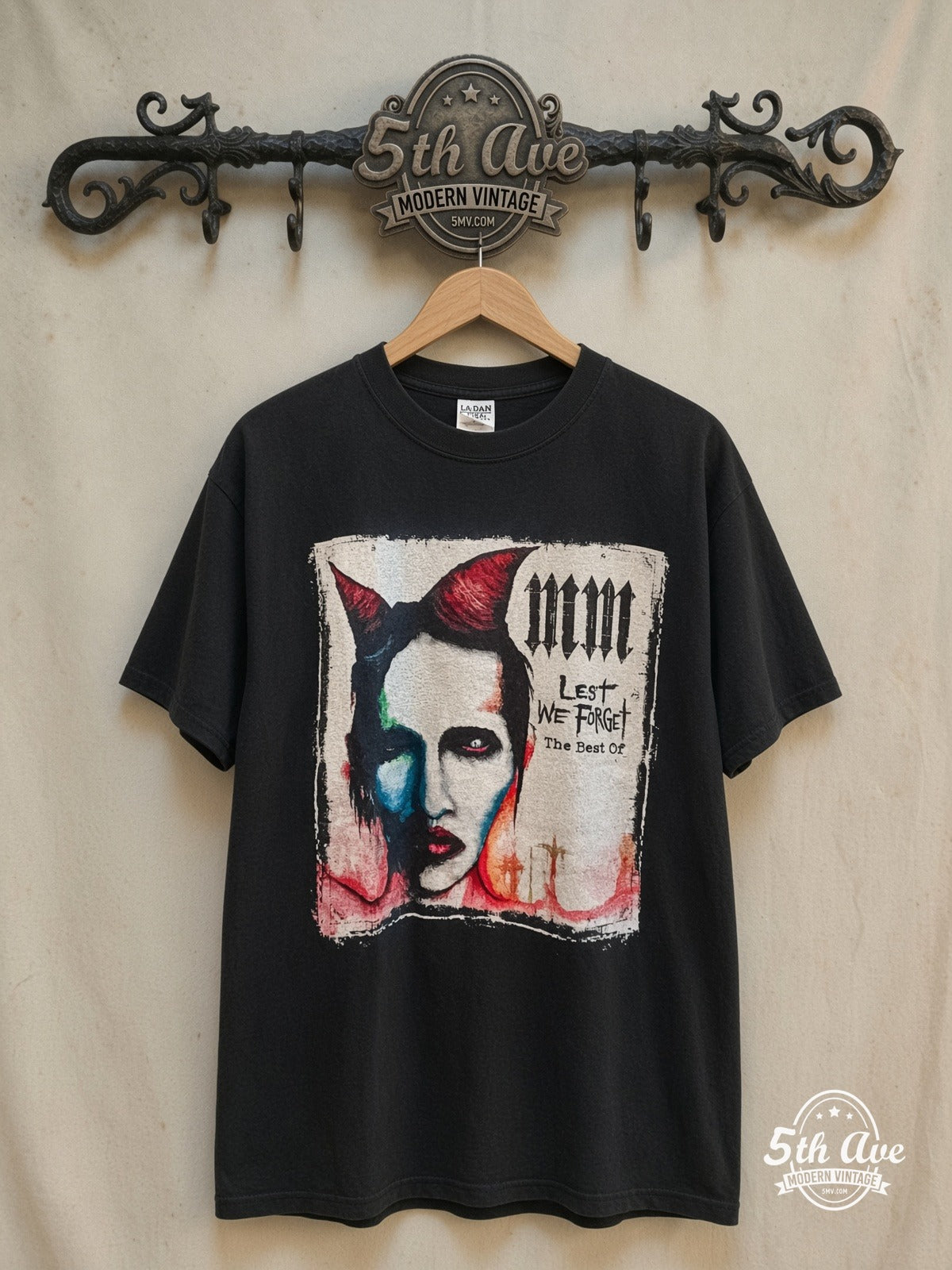 Marilyn Manson Against All Gods American Tour 2004 – Vintage Band T-Shirt — front on locked cream ornate 5th Ave rack