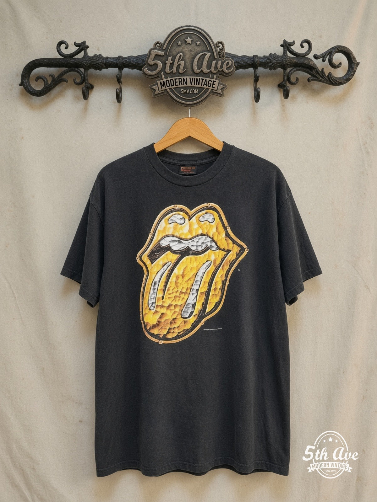 The Rolling Stones – Bridges to Babylon Tour 1997-1998 – Vintage Band T-Shirt — front on locked cream ornate 5th Ave rack