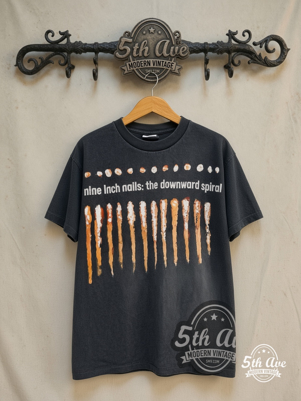 Nine Inch Nails – NIИ 'The Downward Spiral' 1994 – Vintage Band T-Shirt — front on locked cream ornate 5th Ave rack