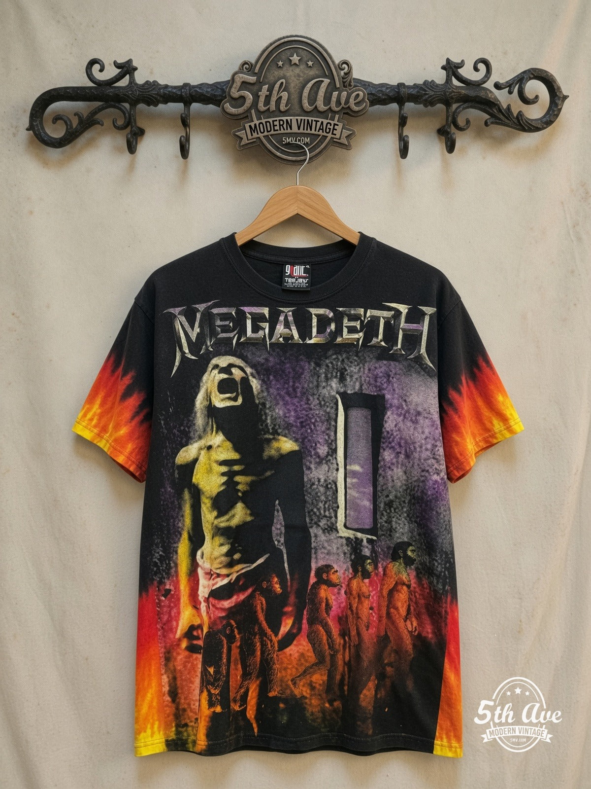 Megadeth – Countdown to Extinction – All Over Print – Vintage Band T-Shirt — front on locked cream ornate 5th Ave rack
