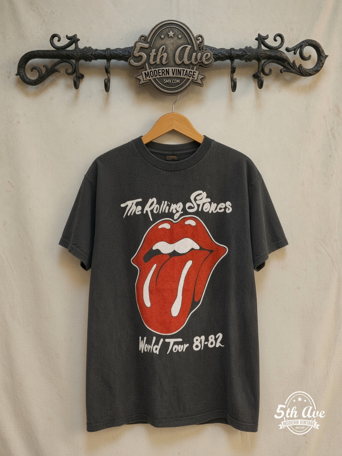 The Rolling Stones – World Tour 1981-1982 – Vintage Band T-Shirt — front on locked cream ornate 5th Ave rack
