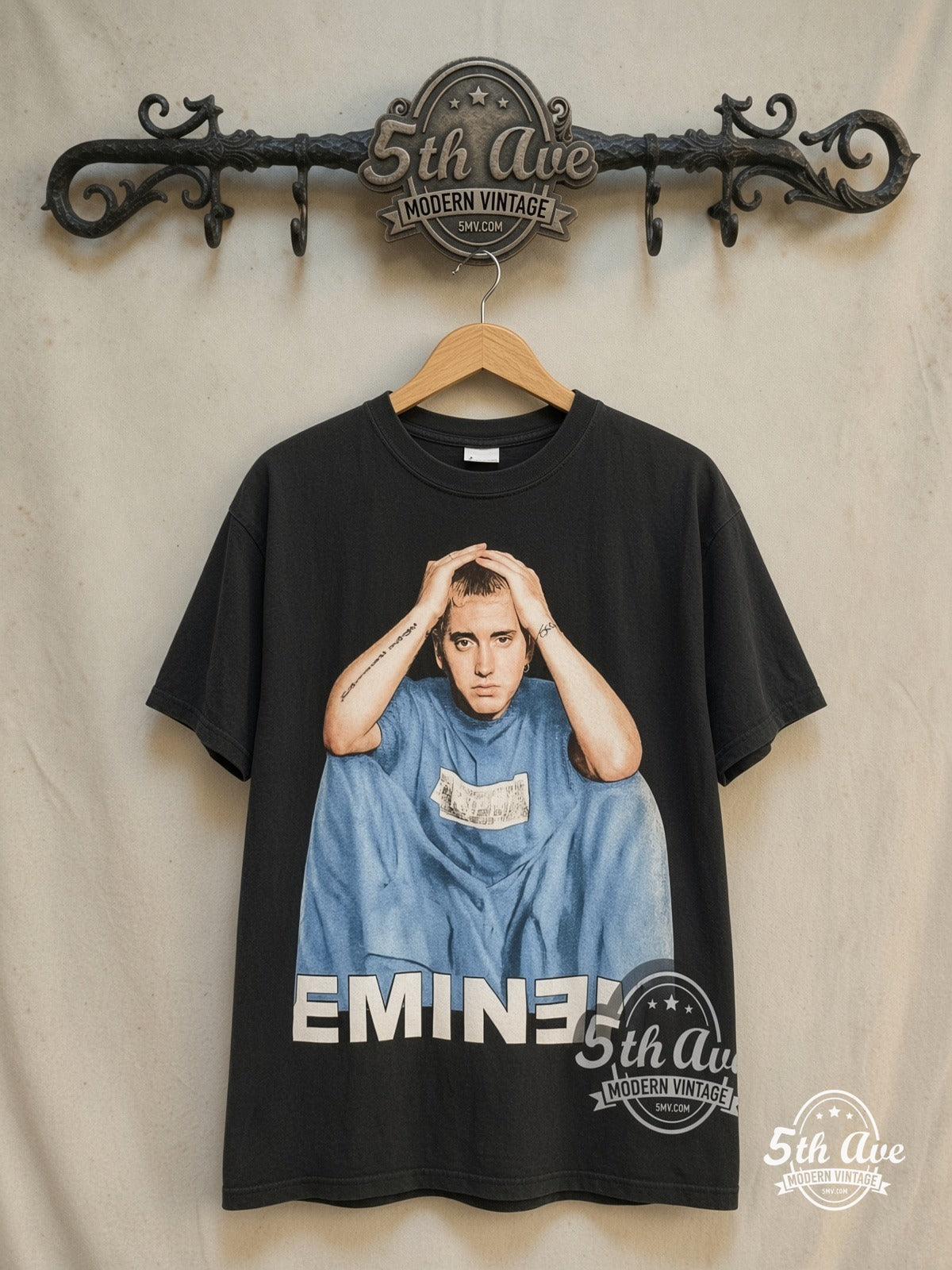 Eminem – The Marshall Mathers LP "EMINƎM" – Vintage Band T-Shirt — front on locked cream ornate 5th Ave rack