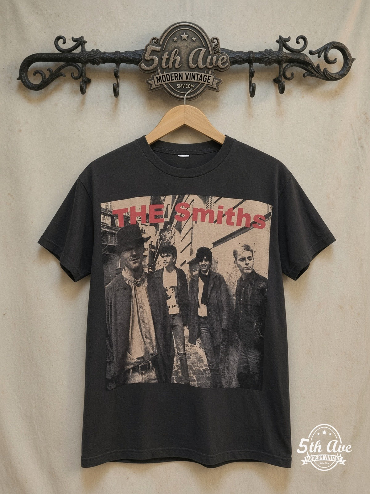 The Smiths – Sepia Alleyway Band Photo Red Logo – Vintage Band T-Shirt — front on locked cream ornate 5th Ave rack