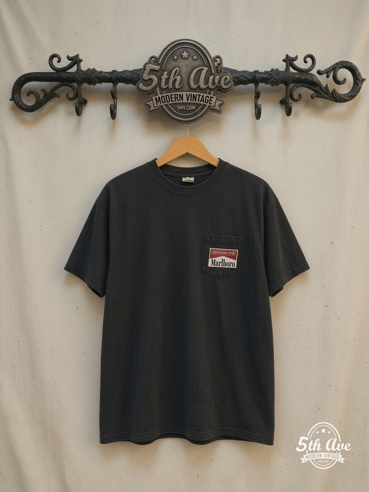 Marlboro Train T-Shirt — front on locked cream ornate 5th Ave rack
