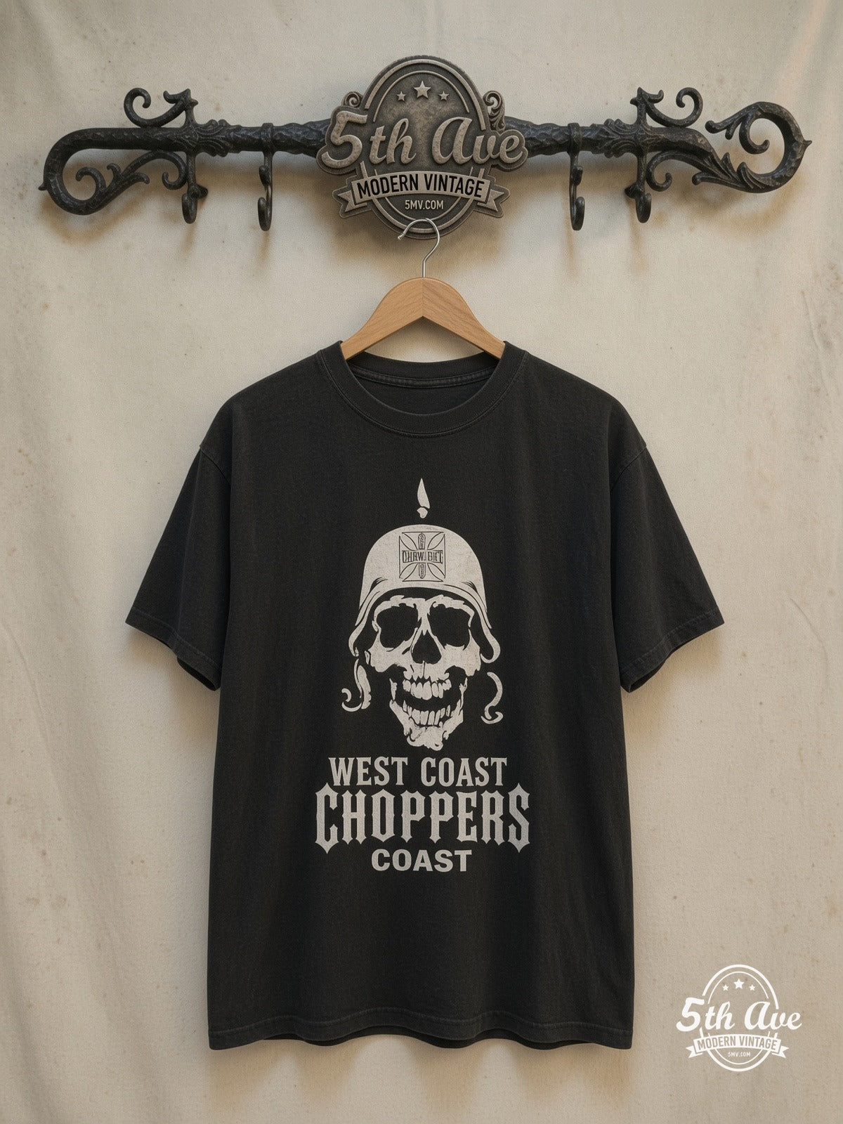 West Coast Choppers – Stahlhelm Skull Iron Cross – Long Sleeve T-Shirt — front on locked cream ornate 5th Ave rack