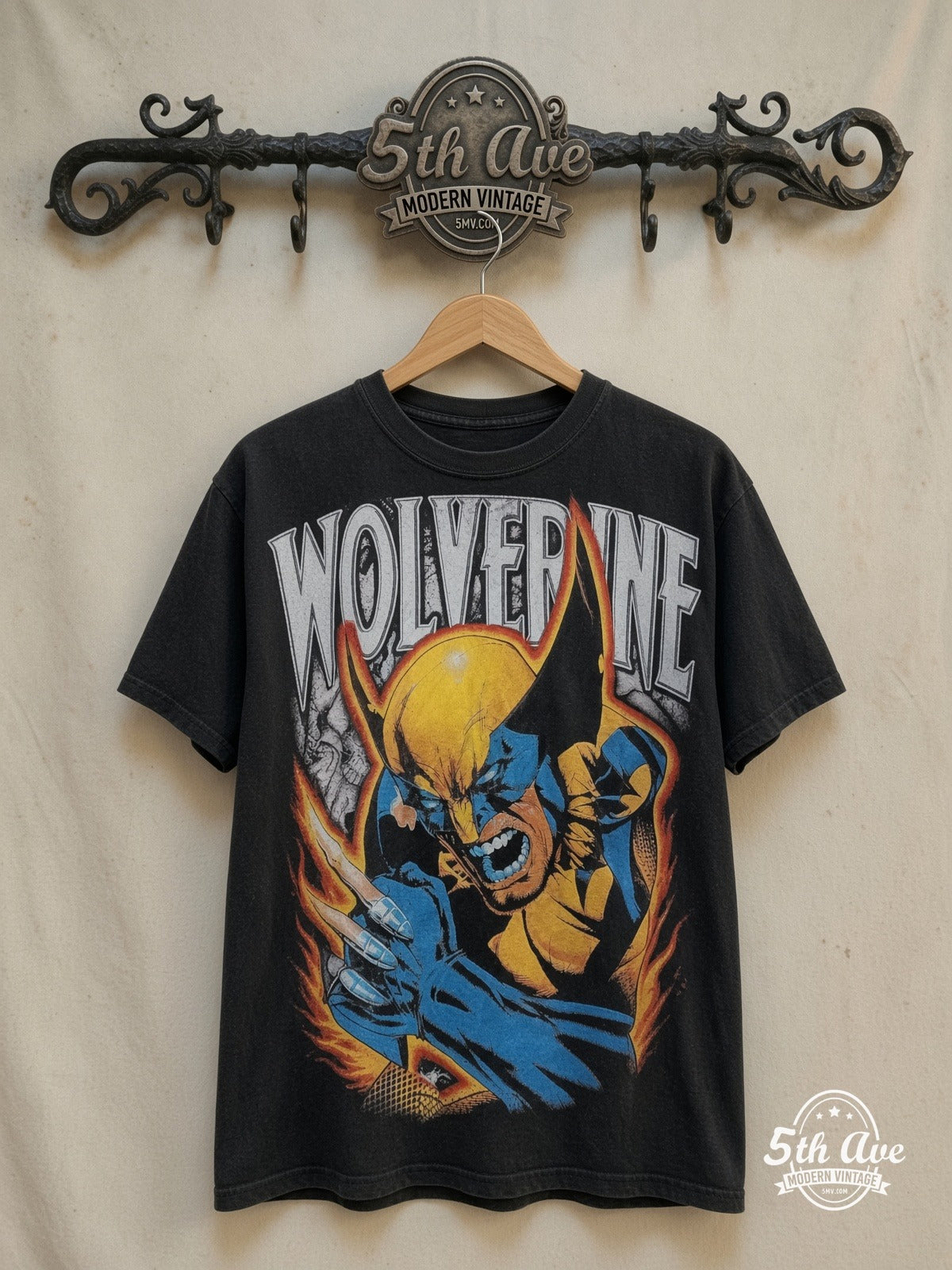 Wolverine – Overprint – Vintage Movie Tee — front on locked cream ornate 5th Ave rack