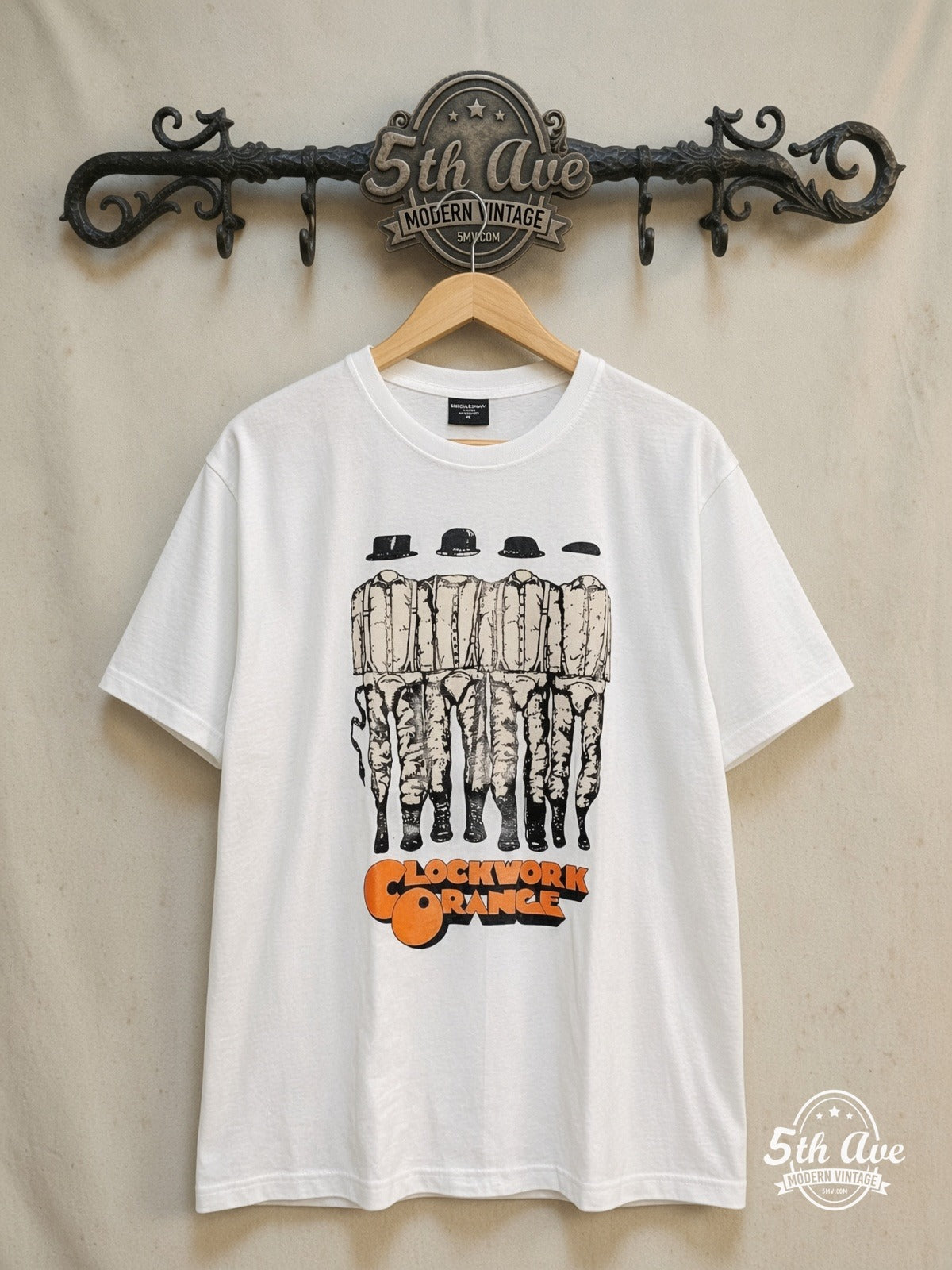 Droog Squad: A Clockwork Orange t shirt Featuring All Four Gang Outfit – s – Vintage Movie Tee — front on locked cream ornate 5th Ave rack