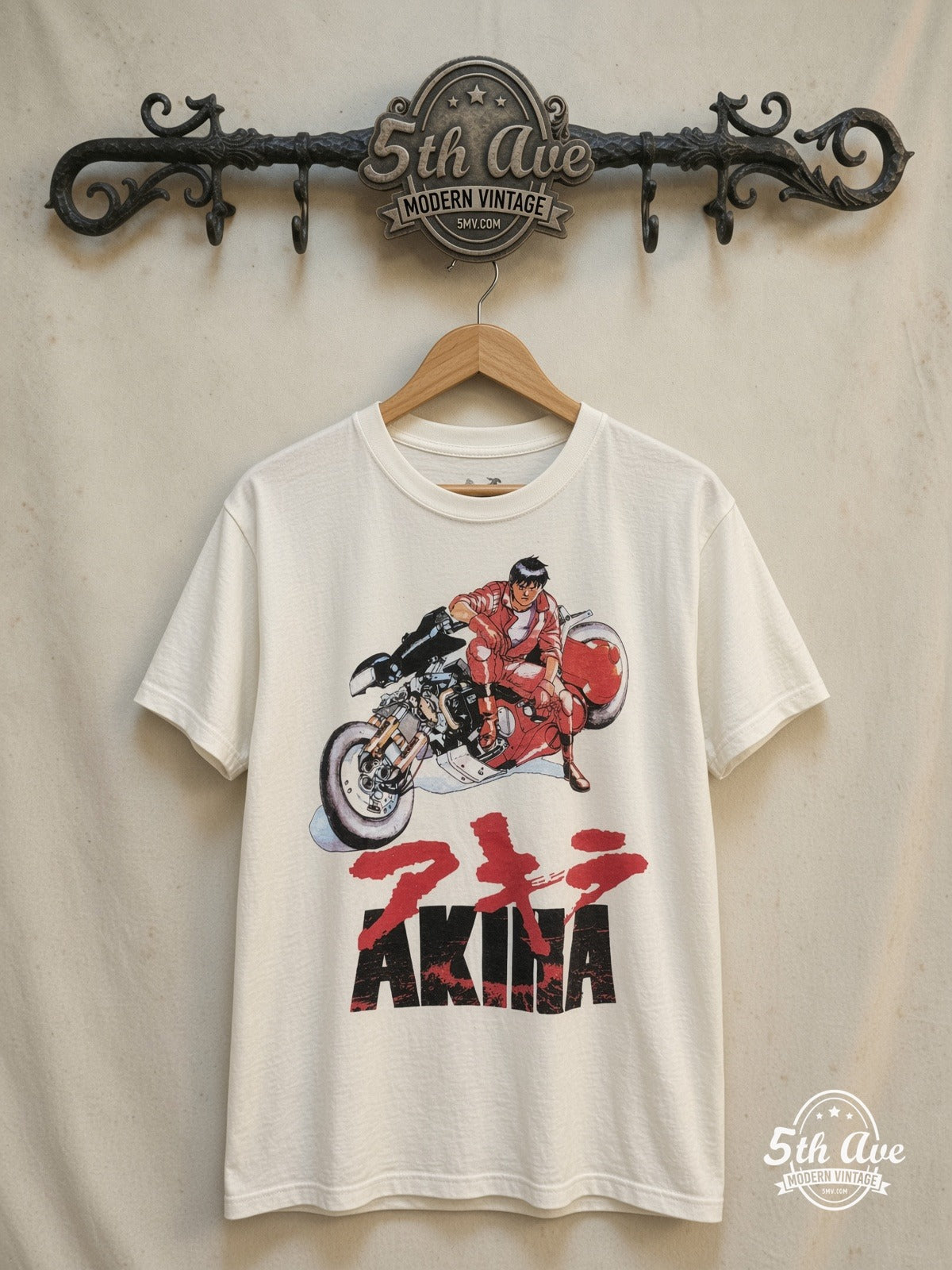Akira – Shotaro Kaneda – New Vintage Anime Tee — front on locked cream ornate 5th Ave rack