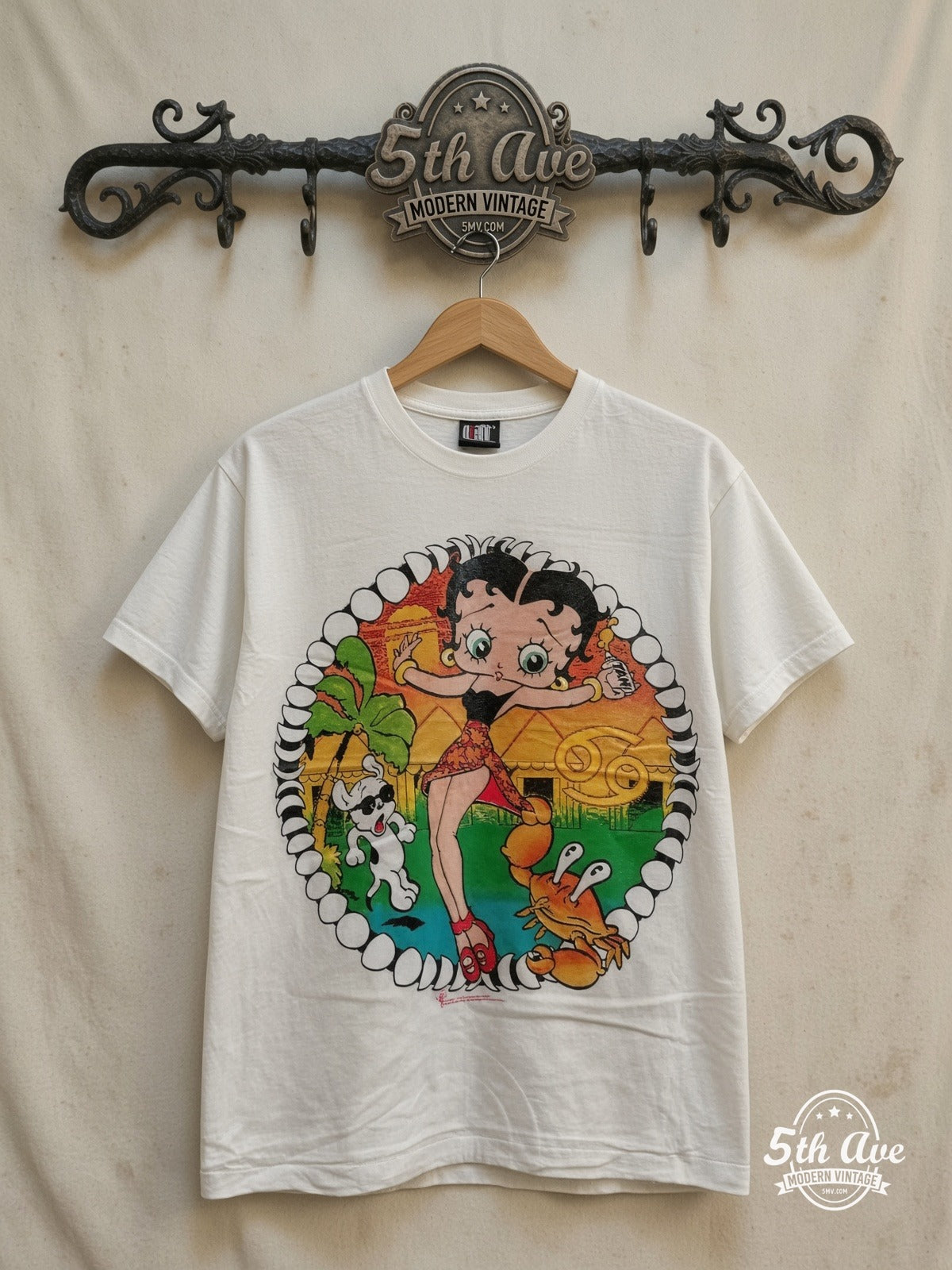 Betty Boop – Beach – New Vintage Graphic Tee — front on locked cream ornate 5th Ave rack