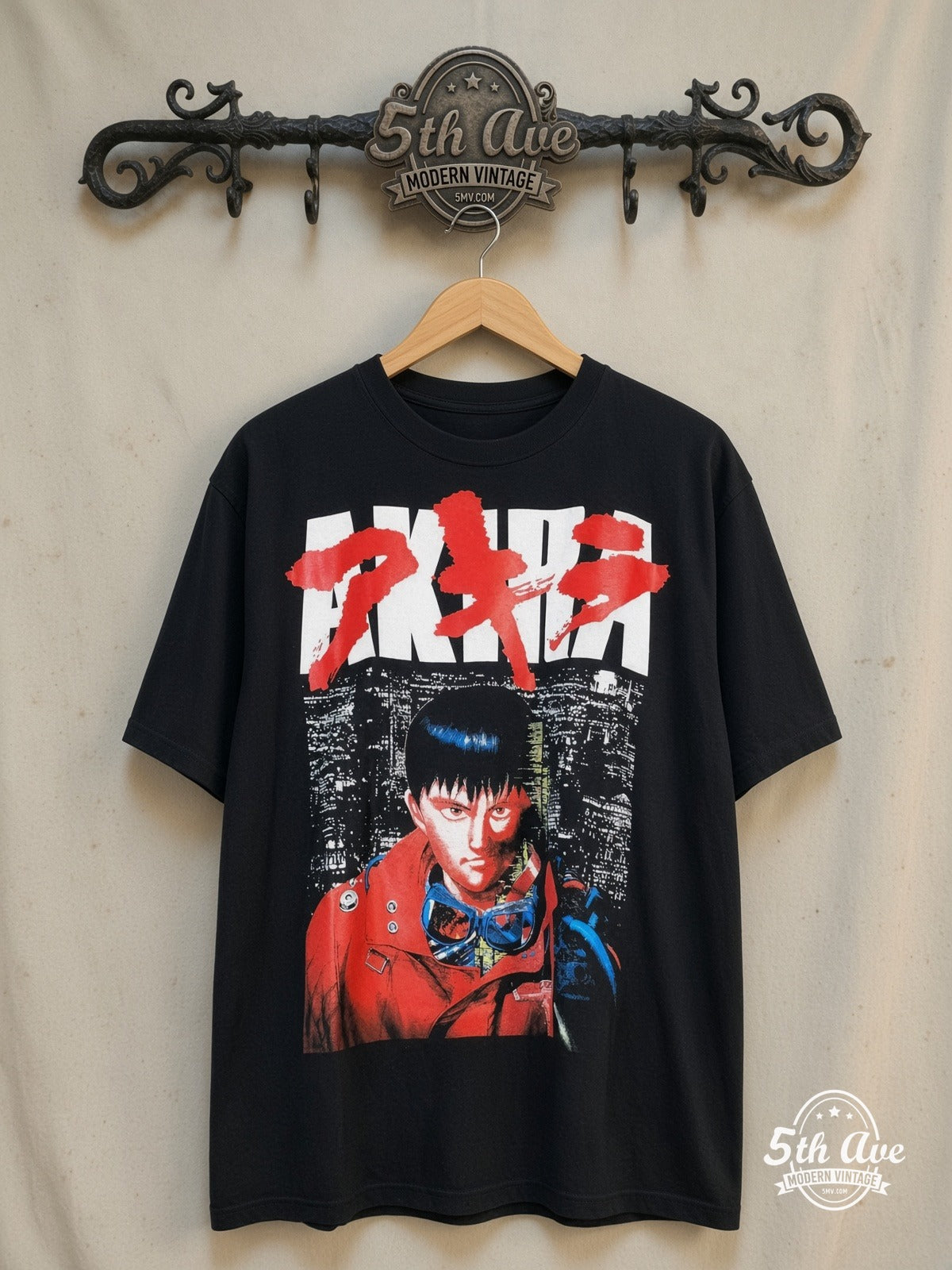 Akira: Iconic Vision - Black t shirt with Striking Front Image and Bol – d Back Text – New Vintage Anime Tee — front on locked cream ornate 5th Ave rack