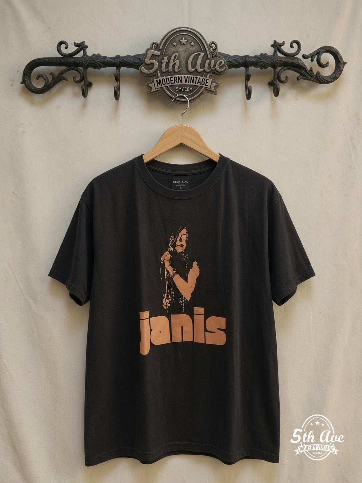 Janis Joplin – Vintage Band T-Shirt — front on locked cream ornate 5th Ave rack