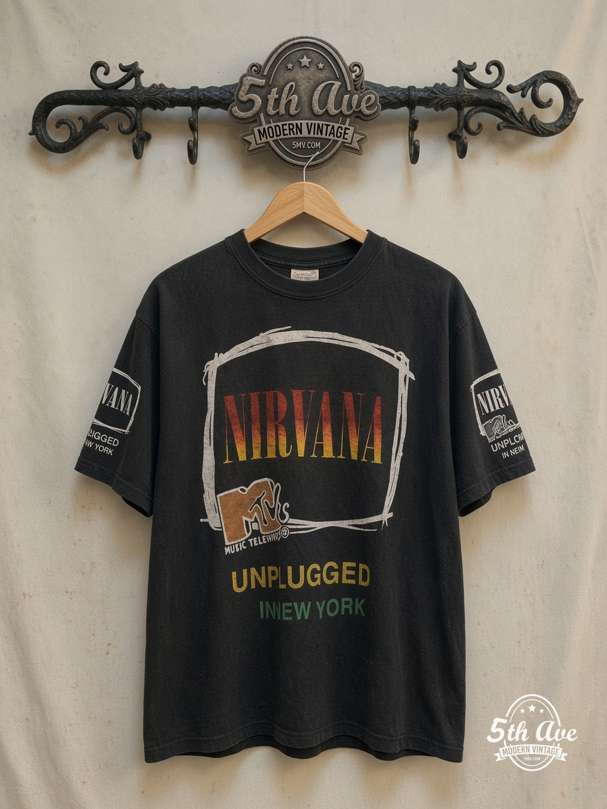 Nirvana Long Sleeve T-Shirt — front on locked cream ornate 5th Ave rack